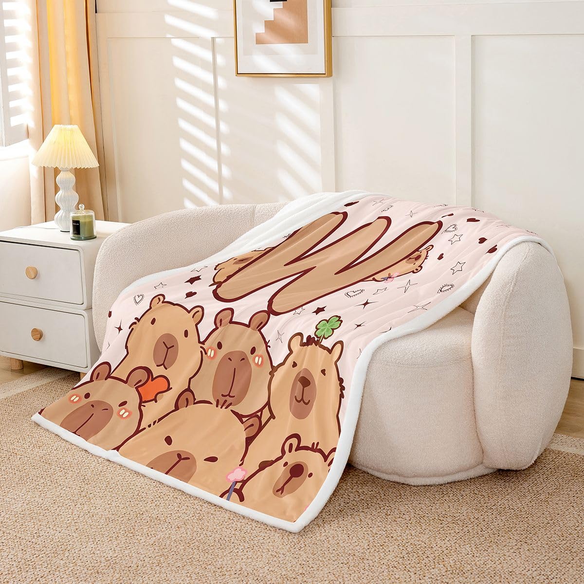 Loussiesd Zabawne kapibary szerpa narzuta koc na kanapę kreskówka kapibara super miękki przytulny polar inicjał litera W koc na zimę, pluszowa narzuta kawaii, zwierzęta, podwójna, 152 x 180 cm, na