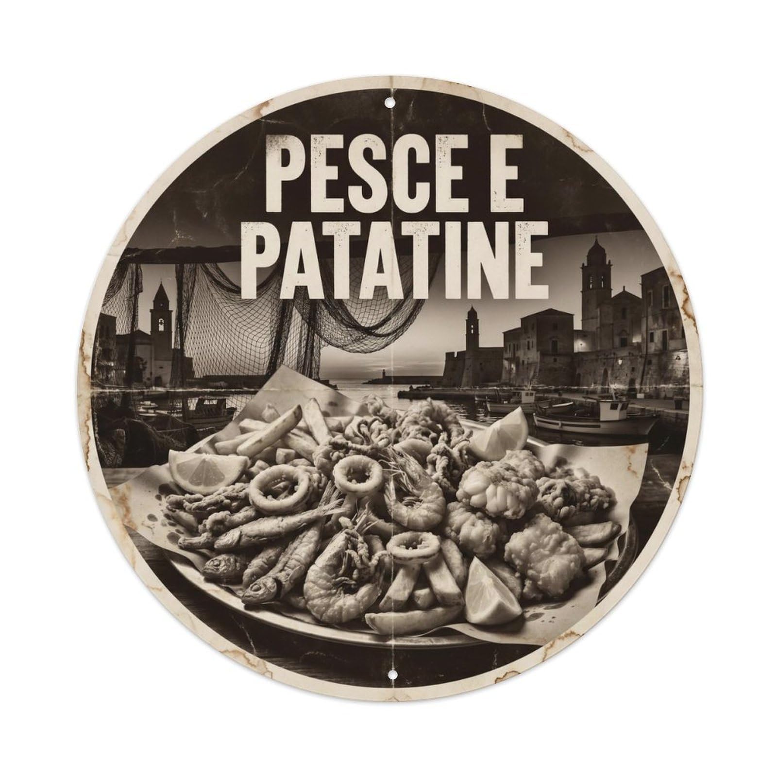 Pub Food Chippy Italian Culture Monochrome Contrast Metal Tin Sign