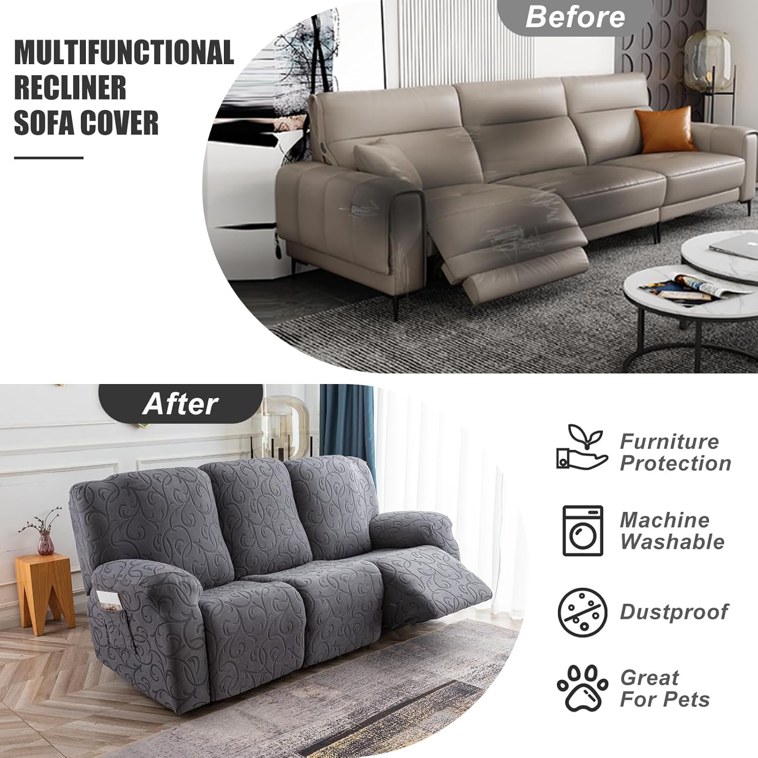Recliner Sofa Covers Sectional Couch Cover for Reclining Couch 3 Seat, 5-Pieces 3 Cushion Sofa Stretch Recliner Sofa Slipcover, Soft Jacquard Furniture Dog Couch Cover Protector