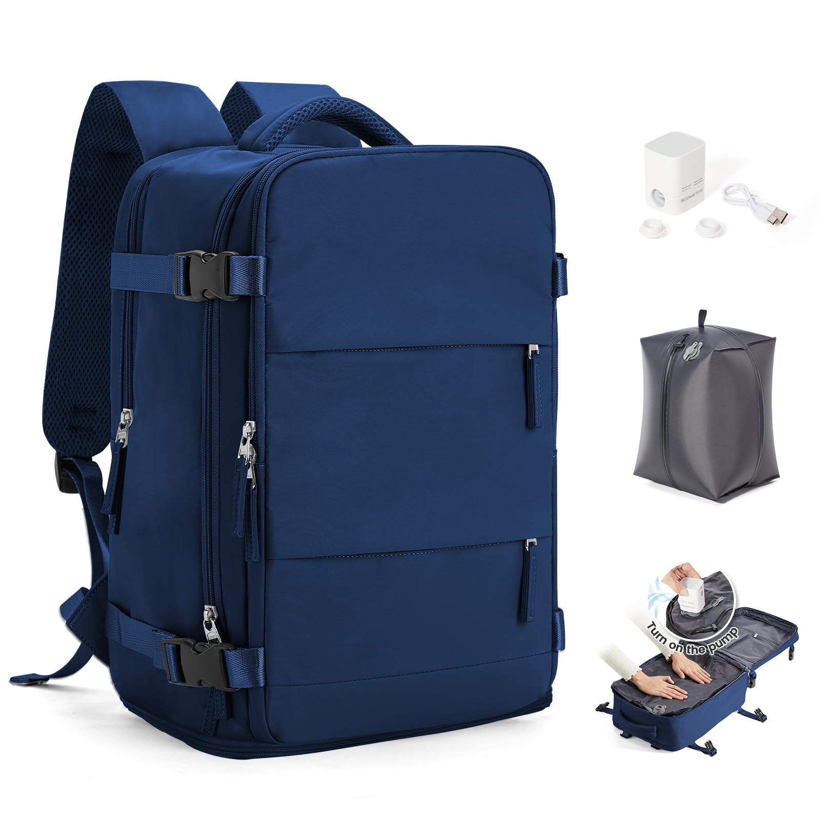 SEAFEW Zaino Sottovuoto da Viaggio con Pompa Borsa da Cabina per Ryanair 40x30x20 Aereo Bagaglio a Mano per Easyjet Impermeabile Lavoro e Scuola Trekking Casual Daypack per 14" laptop,H06-Königsblau
