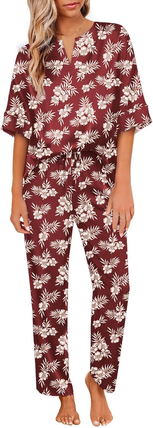 Ekouaer Satin Pajama Set Womens Silk Short Sleeve V Neck Shirt with Long Pant Soft Loungewear Pjs Set