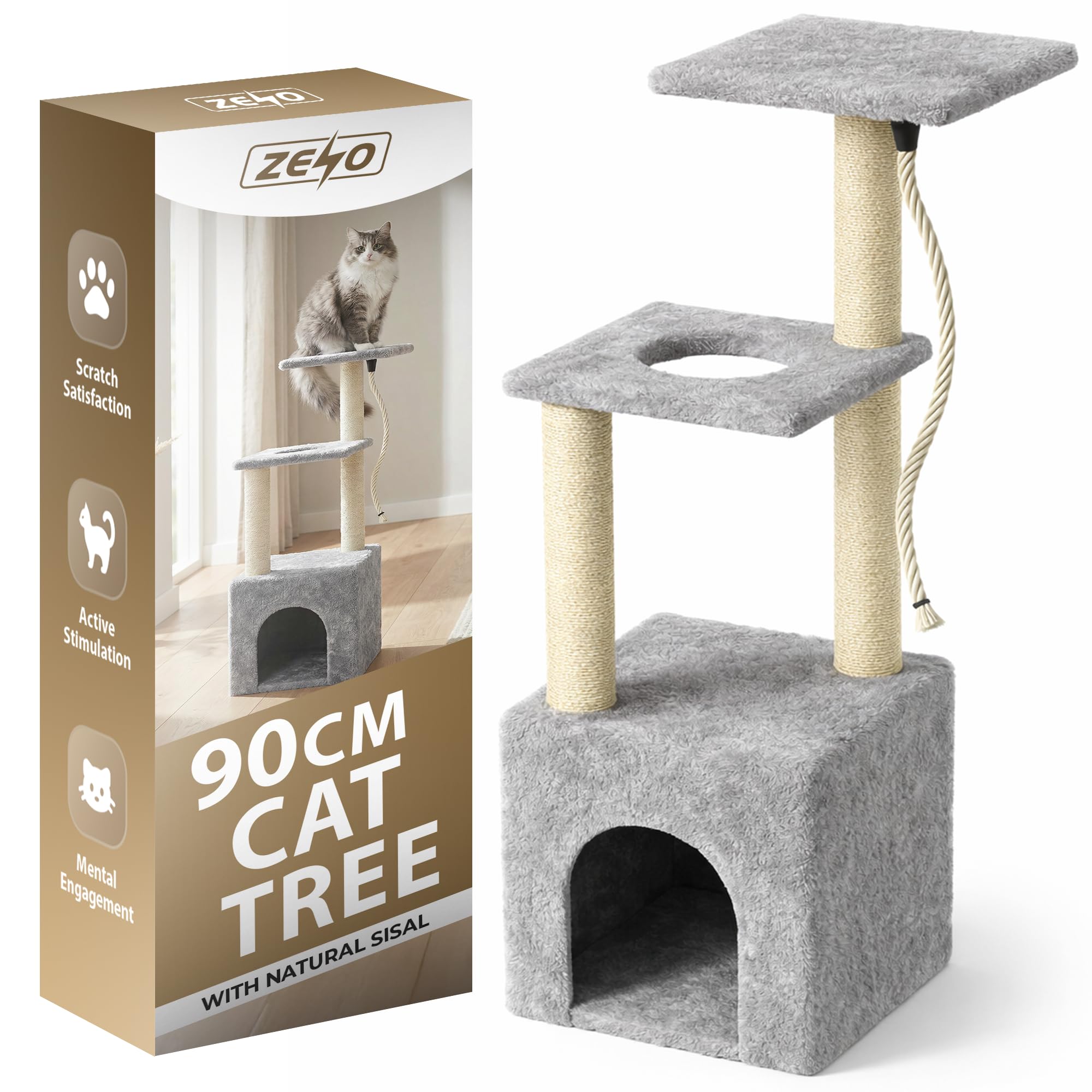 ZENO Cat Tree 90cm | Cat Scratching Post | Multi Level Tower for Cats | Trees For Indoor Cats with Playful Rope | Indoor Tree for Playing & Climbing | Scratch Friendly