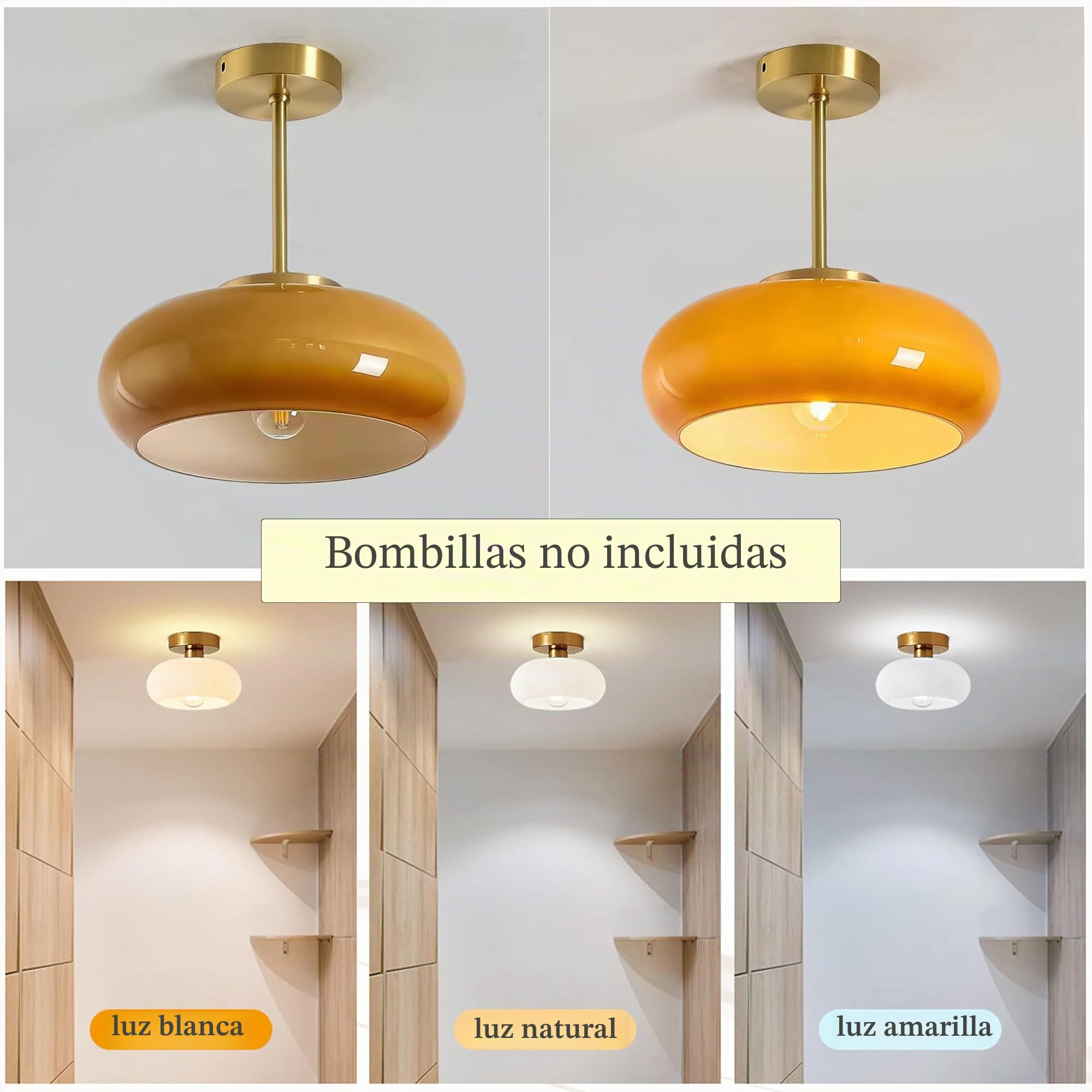 Lámpara de Techo Moderna, Pantalla Redonda de Vidrio de 28cm con Base Metálica Dorada, Lámpara de Araña E27, Iluminación para Pasillos, Dormitorios, Comedores, Cocinas (Blanco crema, H15cm)