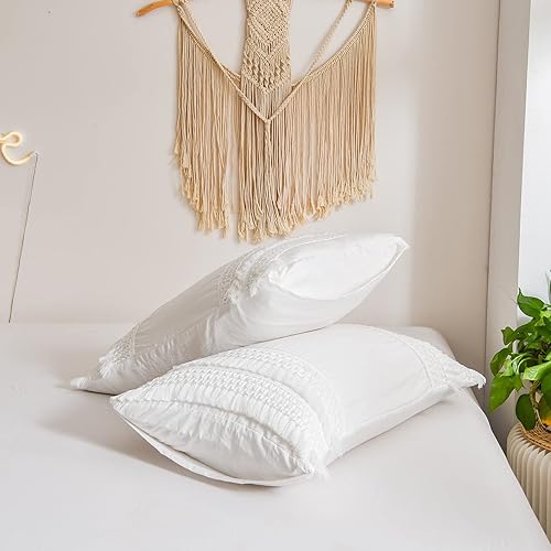 Vista 43 de Juego de 2 fundas de almohada con borlas, color gris crema, 100% microfibra lavada, funda de almohada con borlas hechas a mano beige, paquete de 2