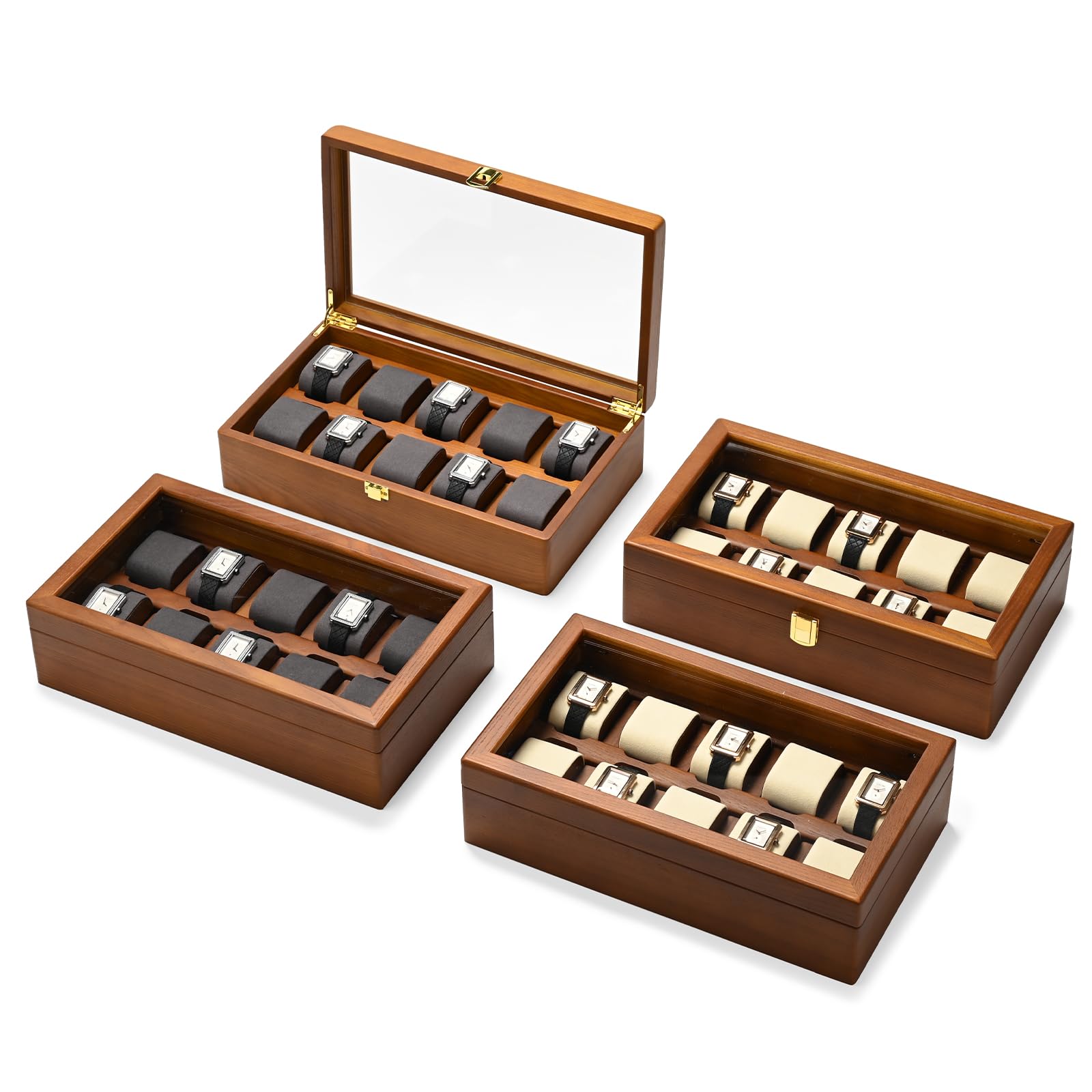 Oirlv Boîte De Montre En Bois Massif Organisateur Avec Couvercle 10 Montres De Stockage Boîte De Montre Avec Coussin Amovible,Rangement Montres(Blanc Crème)