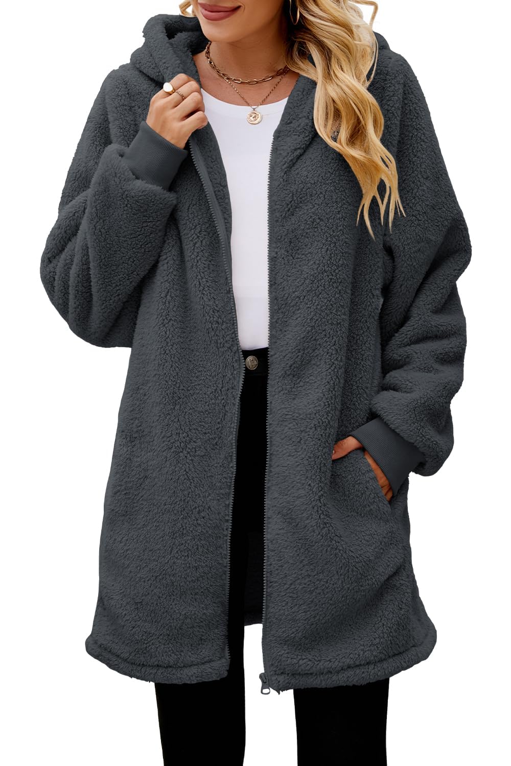 ReachMe Women's Oversized Sherpa Jacket Zip Up Fleece Hoodie