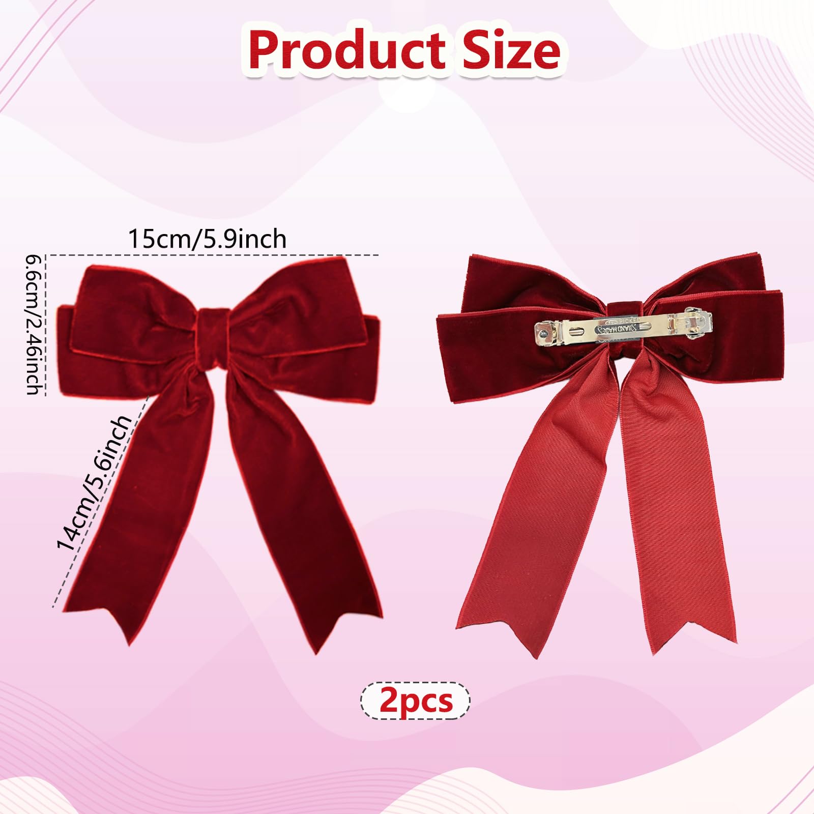 Bliceon 2Pcs Burgundy Hair Bows, Velvet Big Hair Clips for Women Girls, Toddlers and Teens, Bow Ponytail Holders, Metal Clips - Image 2