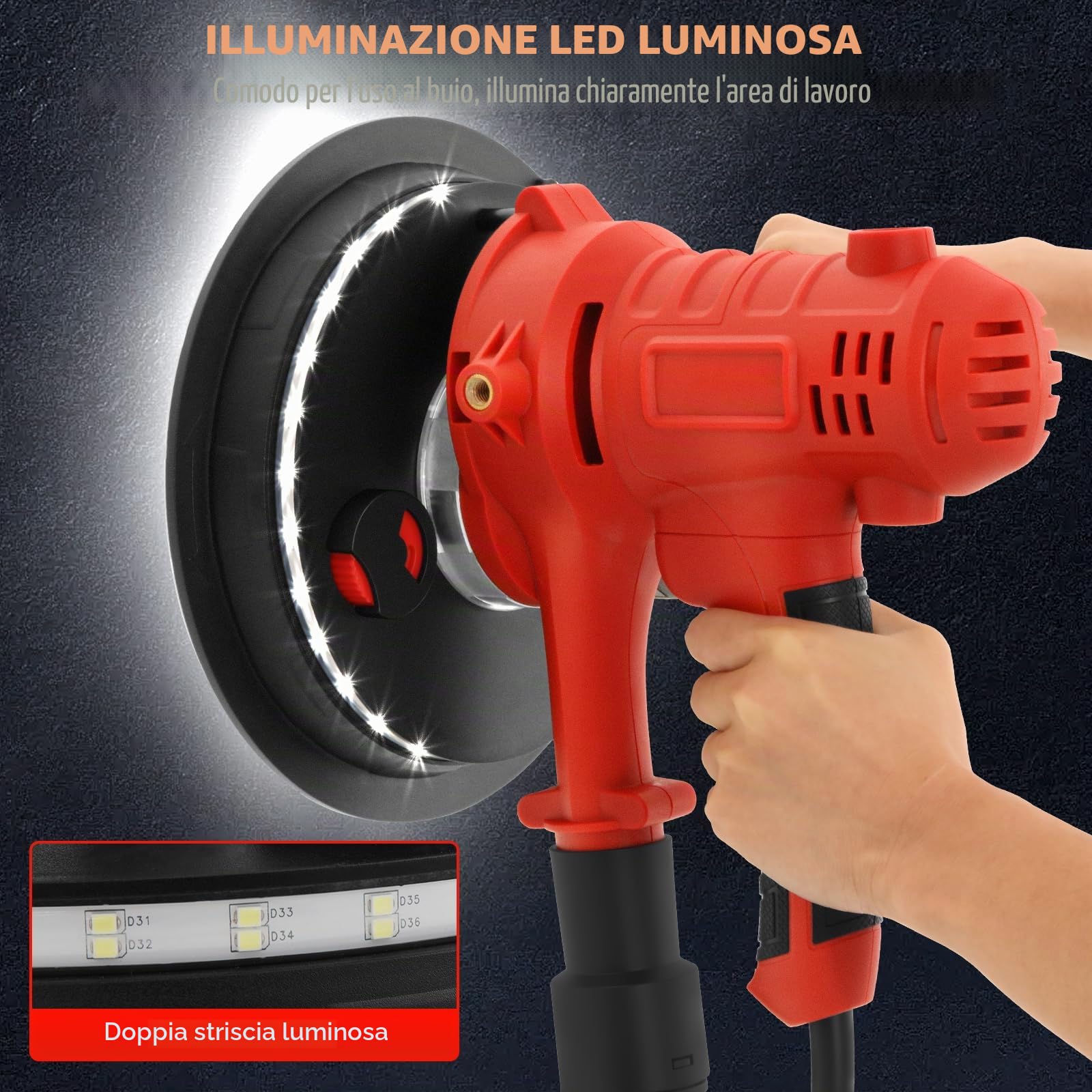 Levigatrice per Muri 800W, 1200-2300 giri/min Levigatrice a Secco Velocità Regolabile, con Aspirazione Polvere Automatica, Luce LED e 12 Dischi Abrasivi Inclusi