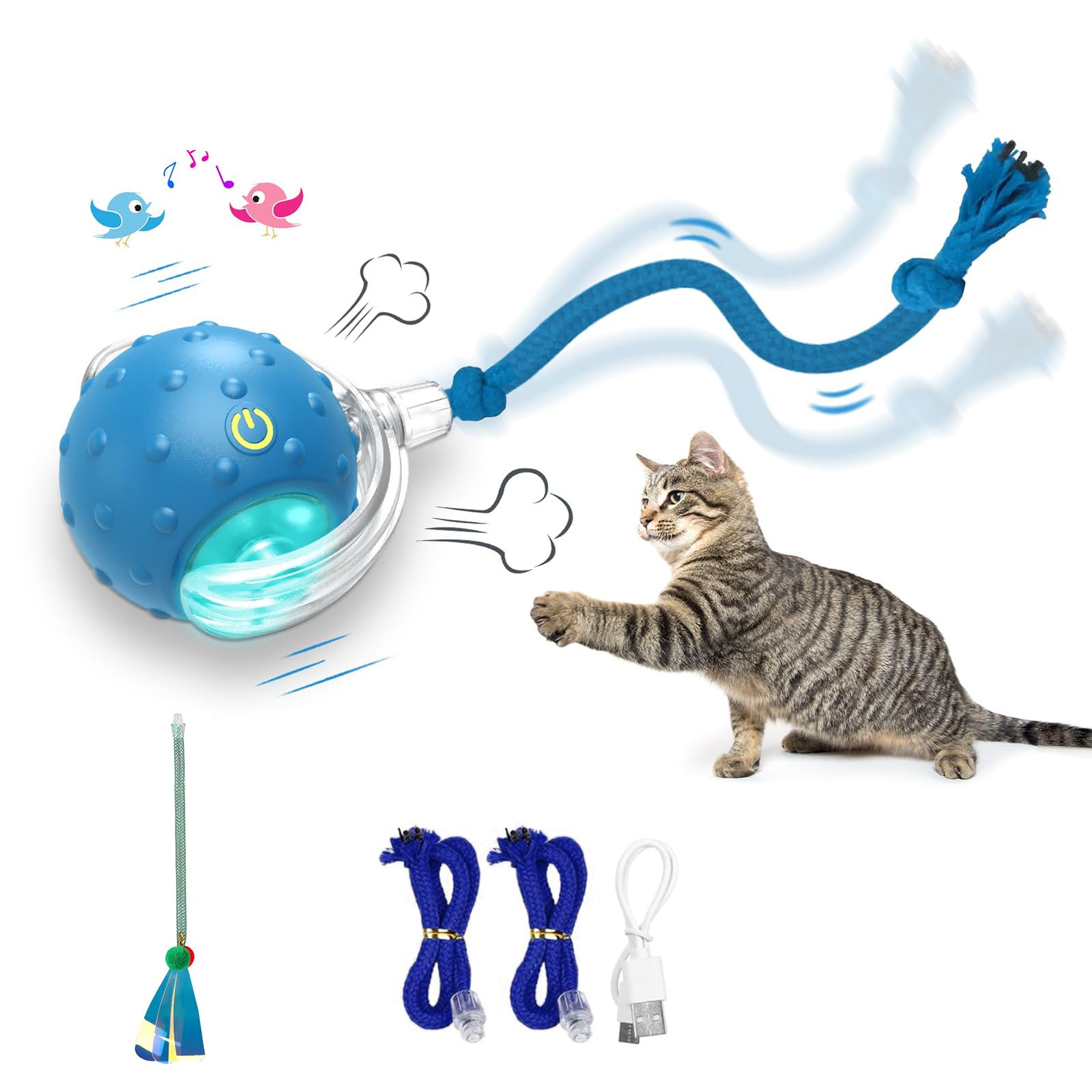 Speedy Tail Cat Toy, Interactive Automatic Cat Ball Toy, Fast Rolling & Motion Activated Chirping