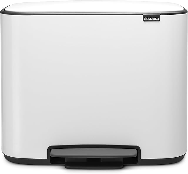 Brabantia Bo Pedal Bin - 11L + 23L Inner Buckets (White) Waste/Recycling Kitchen Bin with Removable Compartments - Free Bin Bags - 10 Year Guarantee