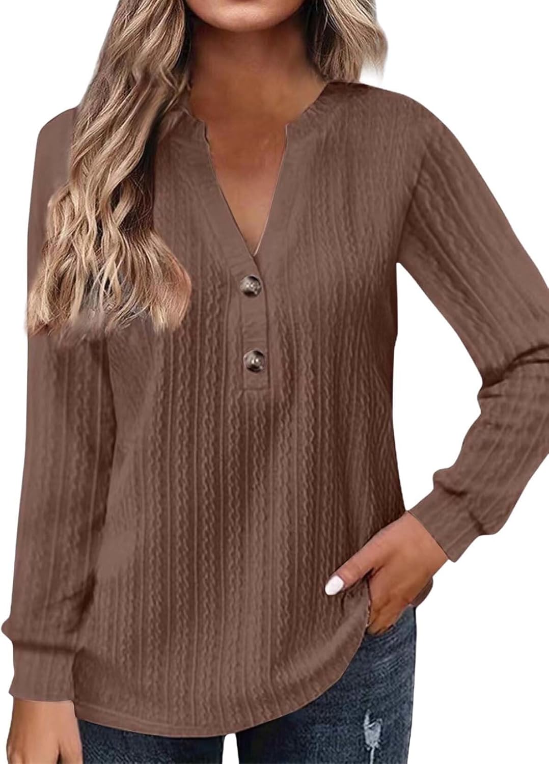 2025 Fashion Must Have Womens Long Sleeve V Neck Henley Shirt Loose Casual Shirt Wa...