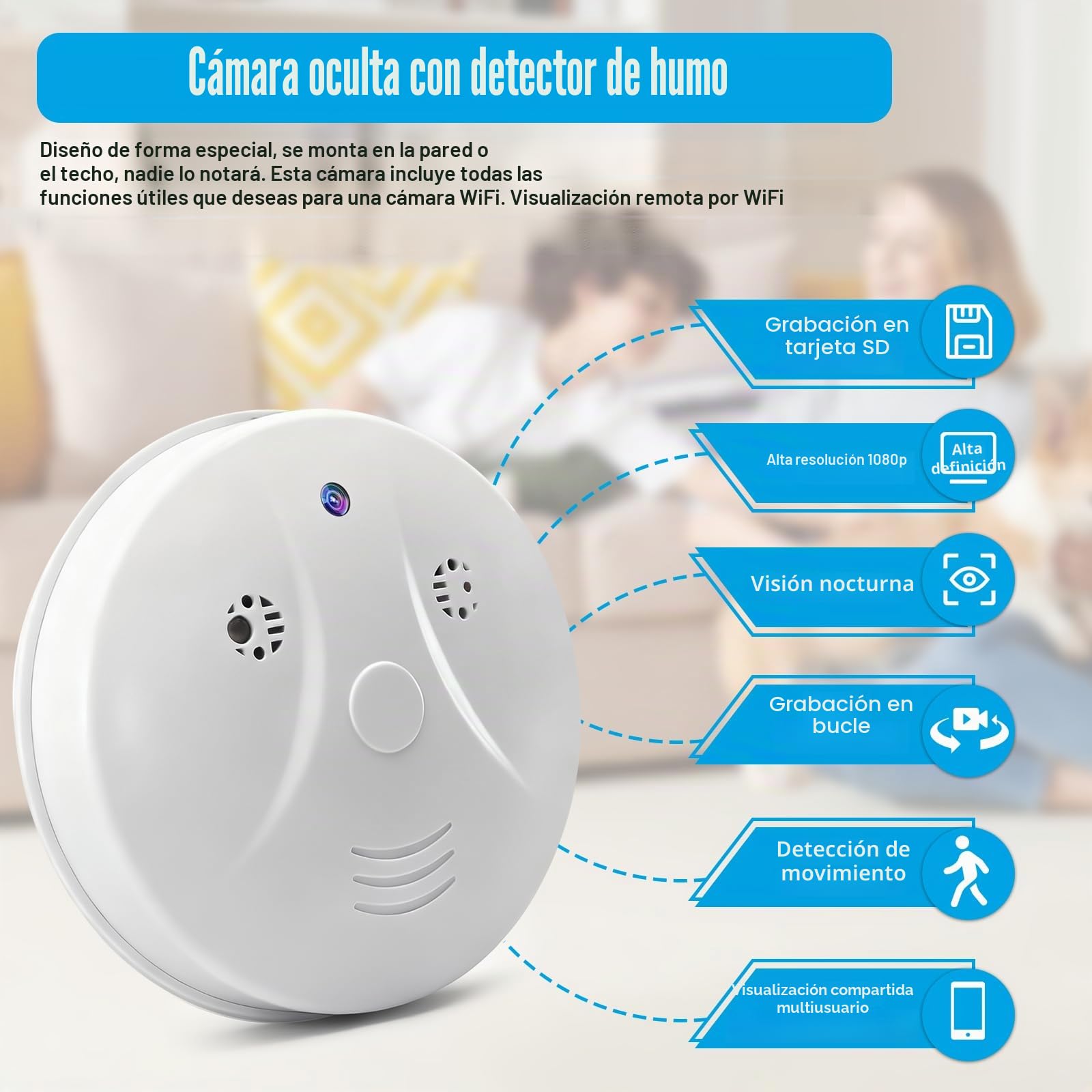 Cámara Oculta WiFi, MiniCámara Espía Inalámbrica Detector de Humo