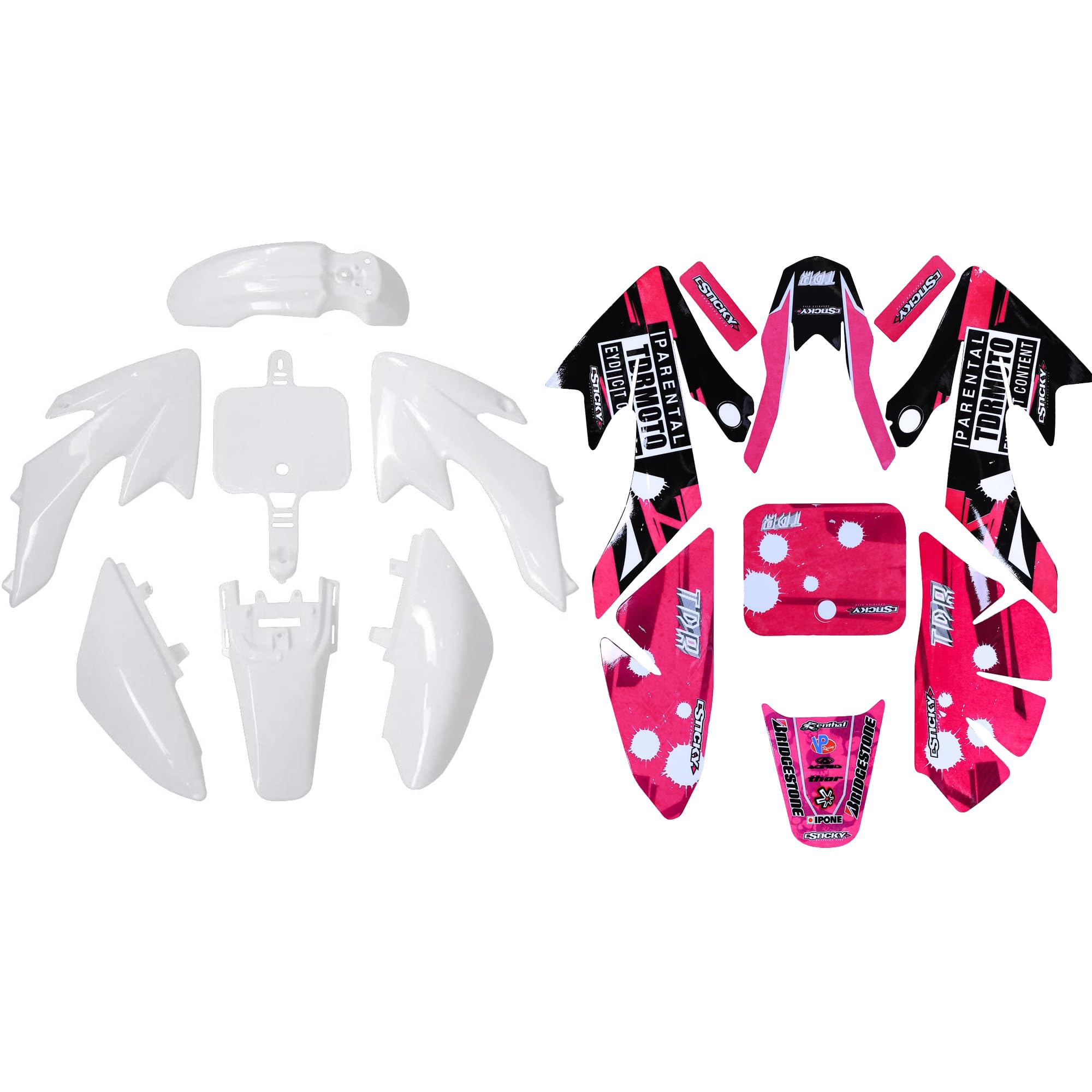 YC Yier White Plastics Fender Fairing Kit + Pink Sticker Graphic Kit for CRF50 XR 50 Motorcycle Dirt Pit Bike SSR Coolster 110cc 125cc Baja DR49