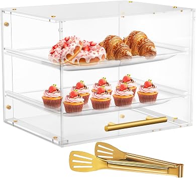 MACIFECI Pastry Display Case, 2 Tray Commercial Countertop Bakery Display Case with Front Door, Acrylic Frame, Clear