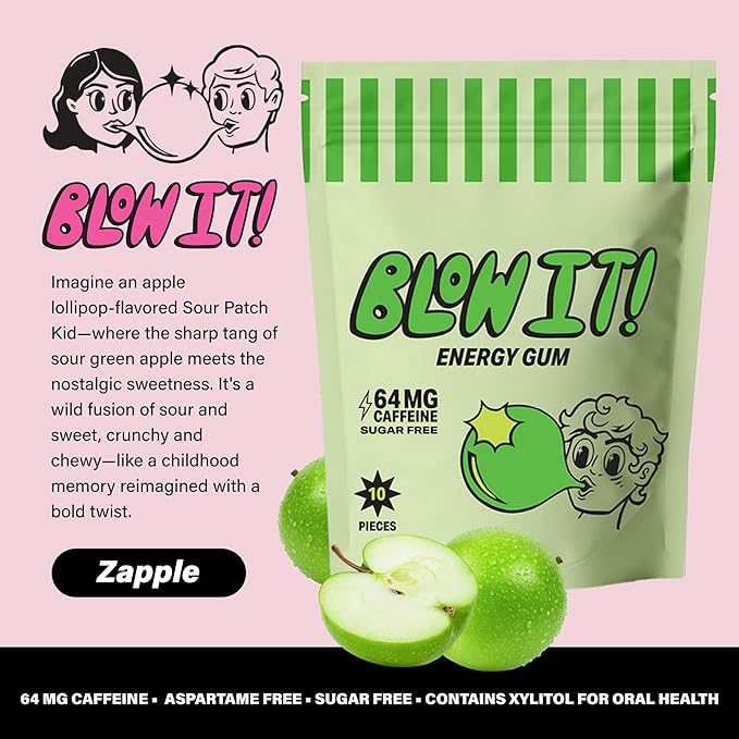 Chicle Blow It Sabor Zapple Sin Azúcar con Cafeína - Pack de 30 Unidades miniatura 5
