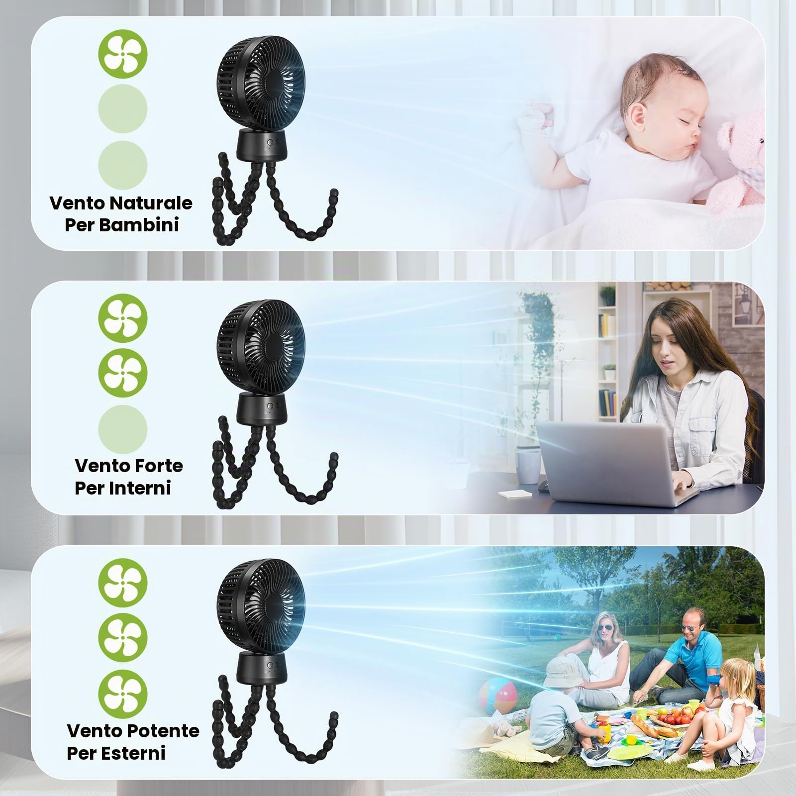POPERFUN Ventilatore per Passeggino 10000mAh, Ventilatore Portatile con Luce LED, 3 Velocità Ventilatore USB Ricaricabile per Passeggino, Culla, Seggiolino Auto, Ufficio, Viaggio (Nero)