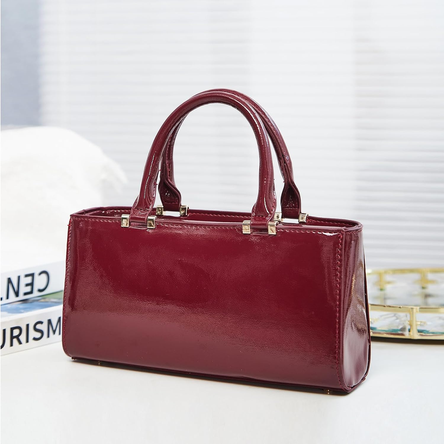 SKYK Glossy Patent Faux Leather Handbag for Women Small Satchel Purse Shoulder Bag Top Handle Bags
