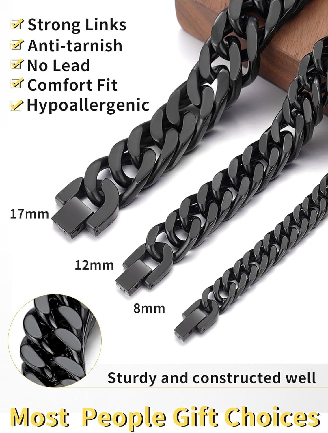 ChainsHouse Stainless Steel Cuban Link Bracelet, 8mm/12mm/17mm Width, 7.5"/8.3"/9", 18K Gold Plated Chain Wrist Bracelets for Men Women, Send Gift Box - Image 4