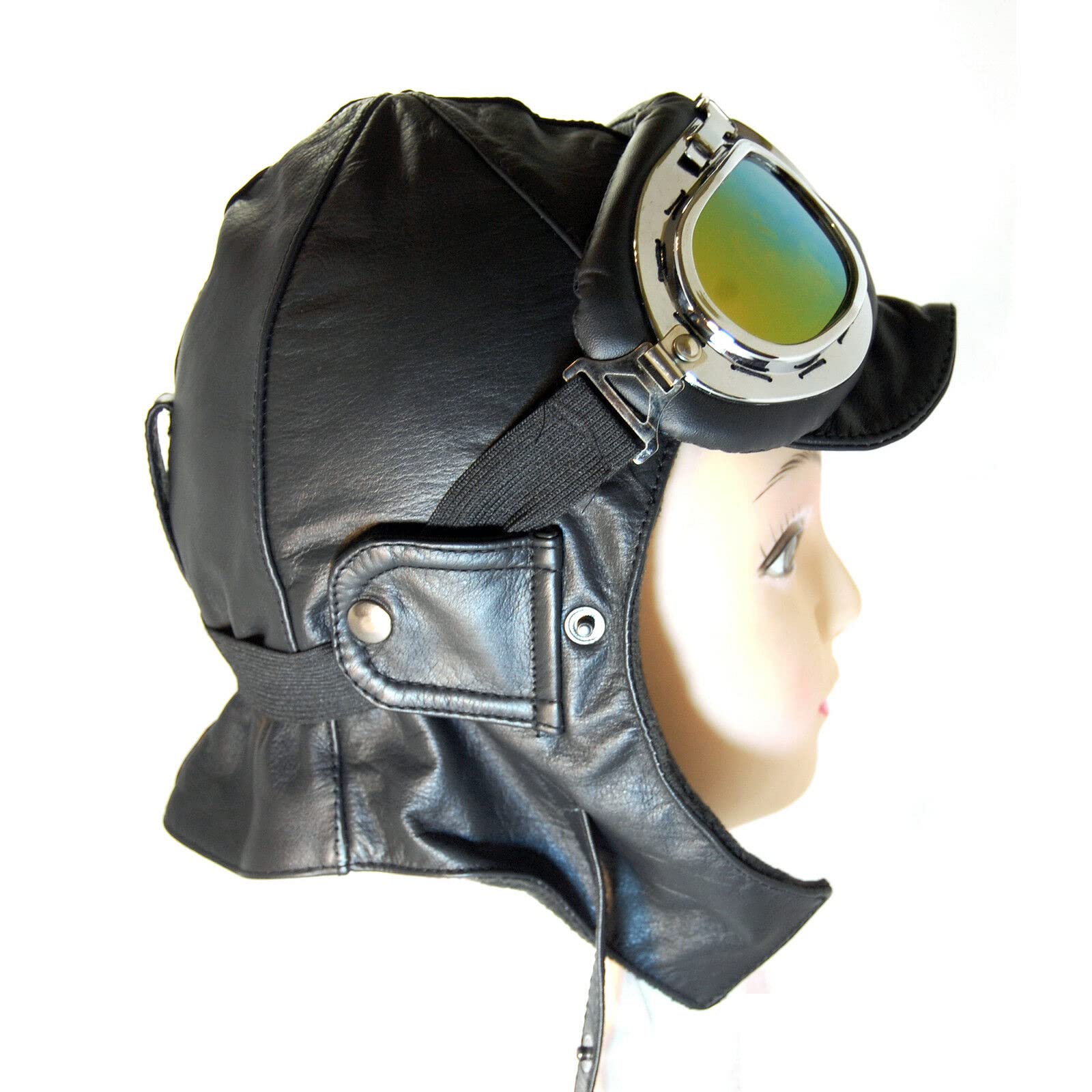 BLUETECH Cabriohaube Cabriom czapka lotnicza czapka oldtimerowa skóra czarna wraz z okularami panoramicznymi mężczyźni kobiety unisex