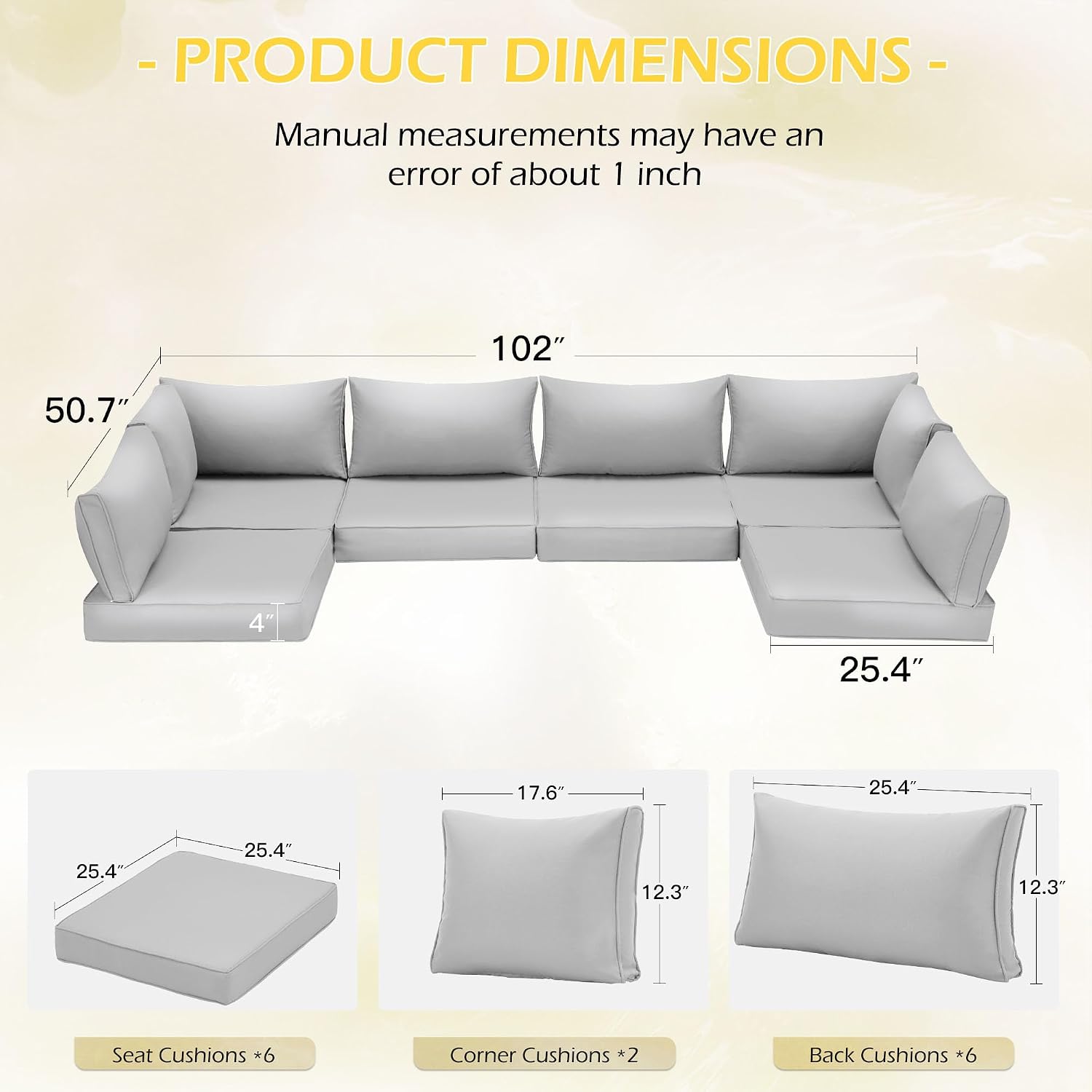 HOMREST Outdoor Replacement Cushions for Patio Furniture,Water-Repellent Sofa Cushion for 6-Seat Rattan Wicker Sectional Patio Conversation Sets,14-Piece Cushions Set for Outdoor Couch（Silver Grey）