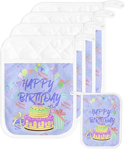 Birthday Cake Blue 5Pcs Pot Holders for Kitchen,Non Slip &amp; Heat Insulation Terry Cloth Potholder Set with Pocket,Thick Hot Pad Oven Mitts Trivet