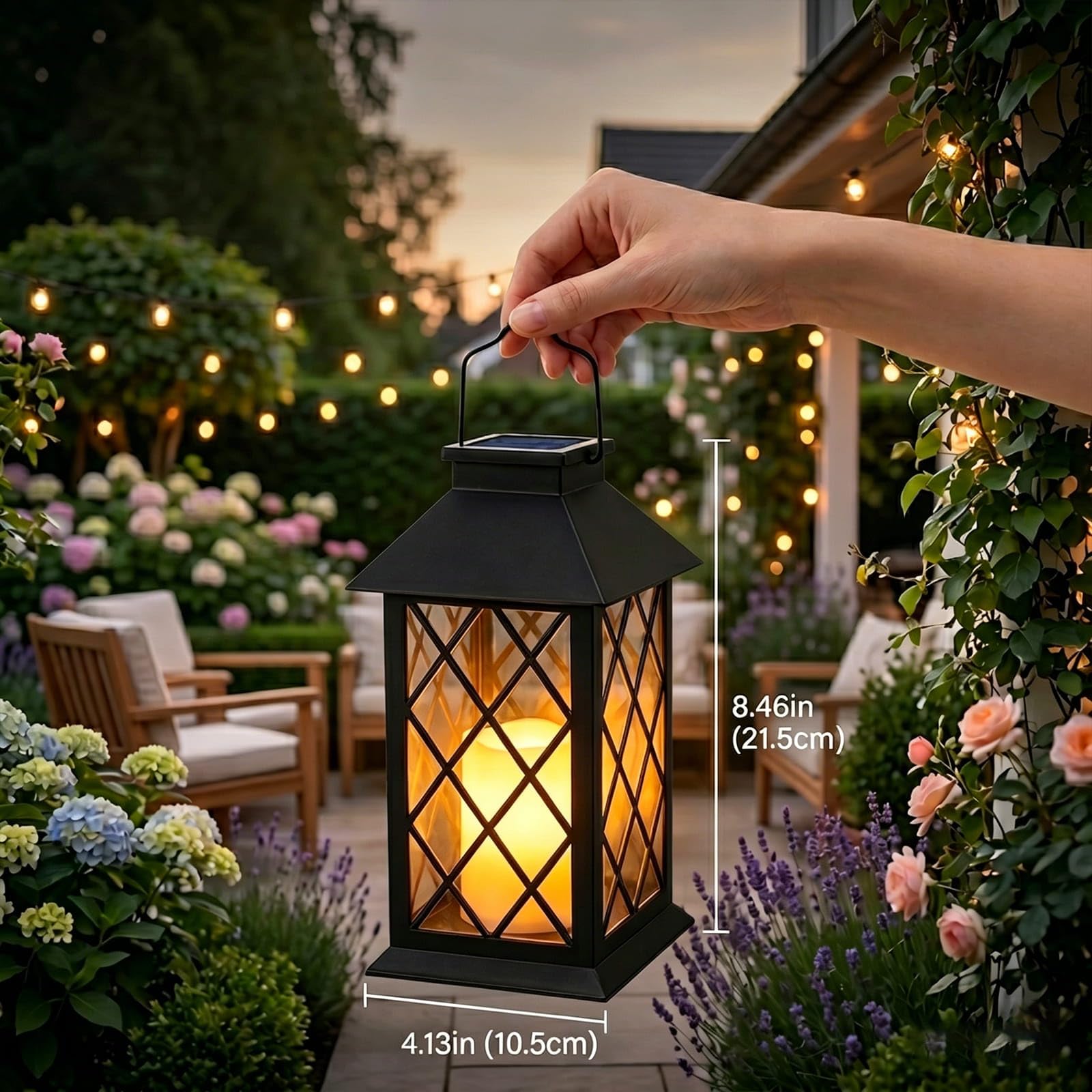 Yowin Lanterne da Esterno 2 Pezzi 22cm Grande Lanterna Solare da Giardino con Candele Tremolante, Vetro Temperato, Lampada Solari da Appendere Impermeabile Lampade da Tavolo per Balconi - Nero