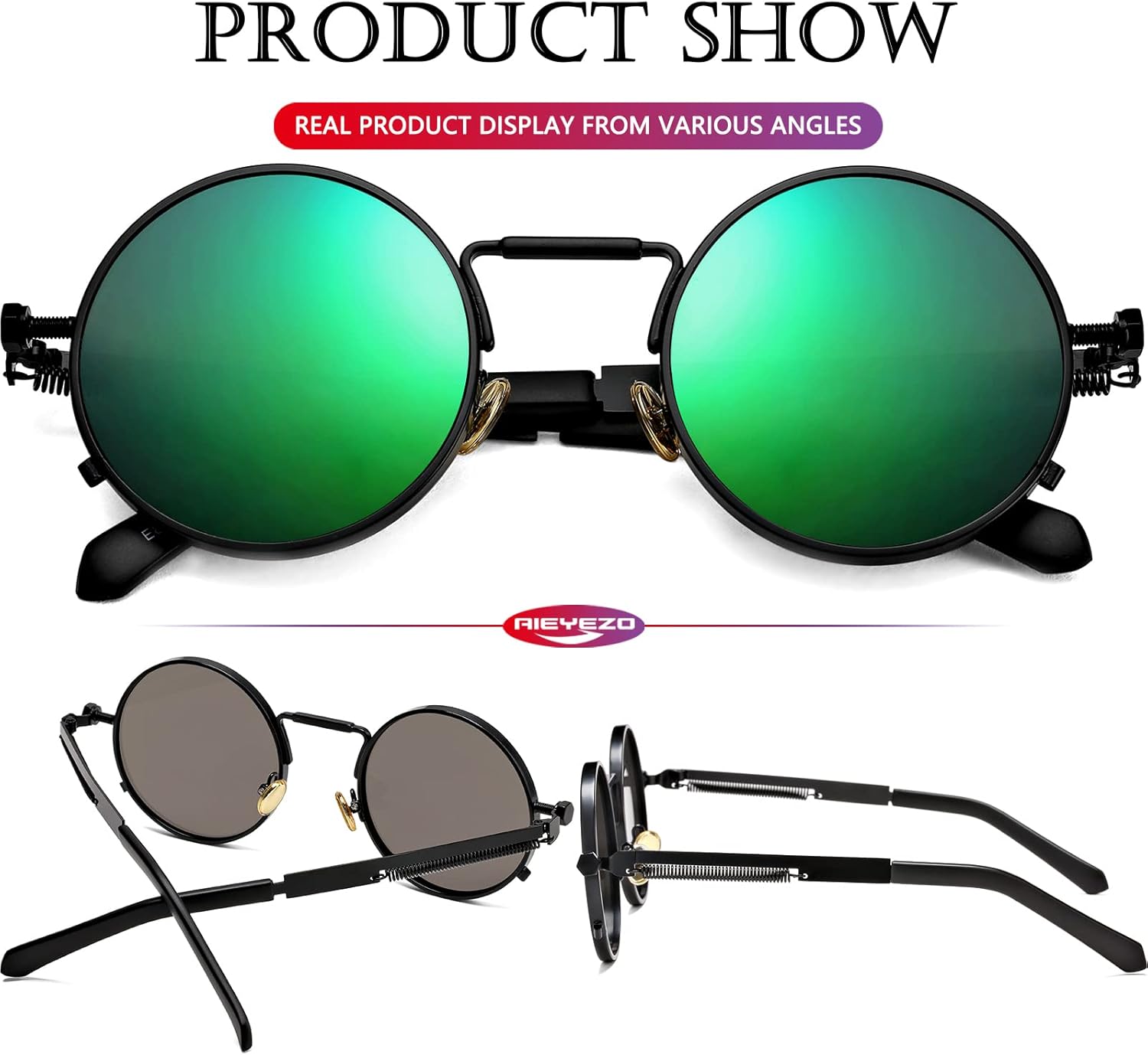 AIEYEZO Round Steampunk Sunglasses Trendy Retro Circle Glasses Gothic Metal Frame 100% UV Blocking Lens - Image 5