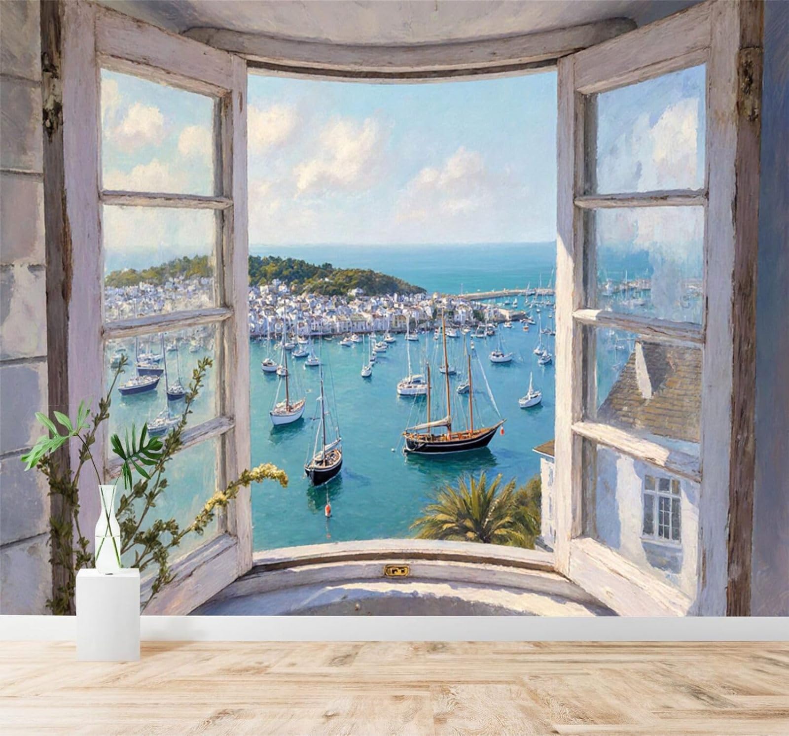 XLMING Vintage Windows Balcony Sailboat Coastal City 3D Wallpaper Silky Texture Home Study Office Grey Dining Room Sofa Bedroom Living Room TV Backdrop-350cm×256cm