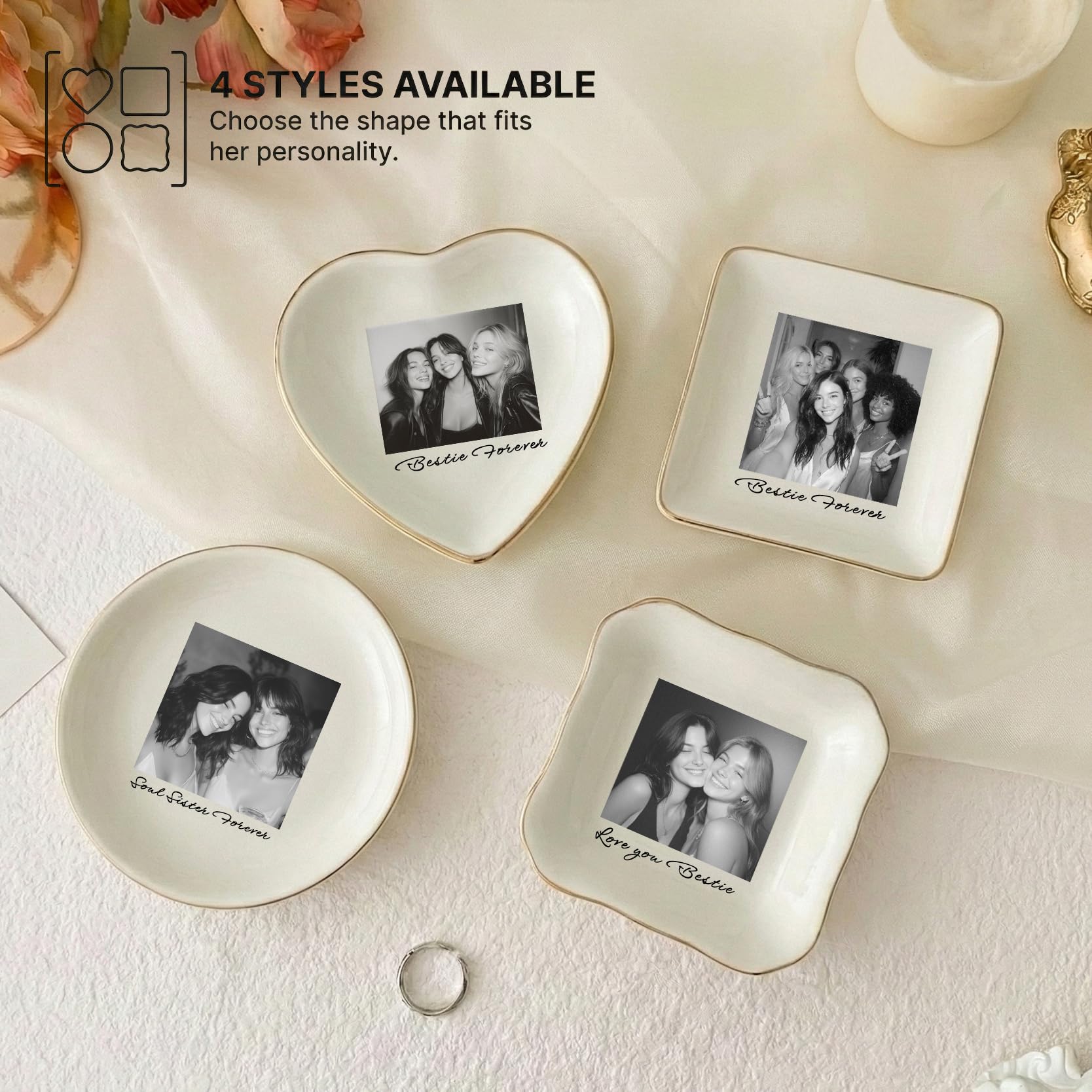 Personalized Photo Jewelry Dish for Bestie Sister, Custom Text & Name Signature (e.g., Emma), 4 Inch Ceramic Ring Dish Trinket Tray for Best Friend, Birthday Long Distance Friendship Gift - 3