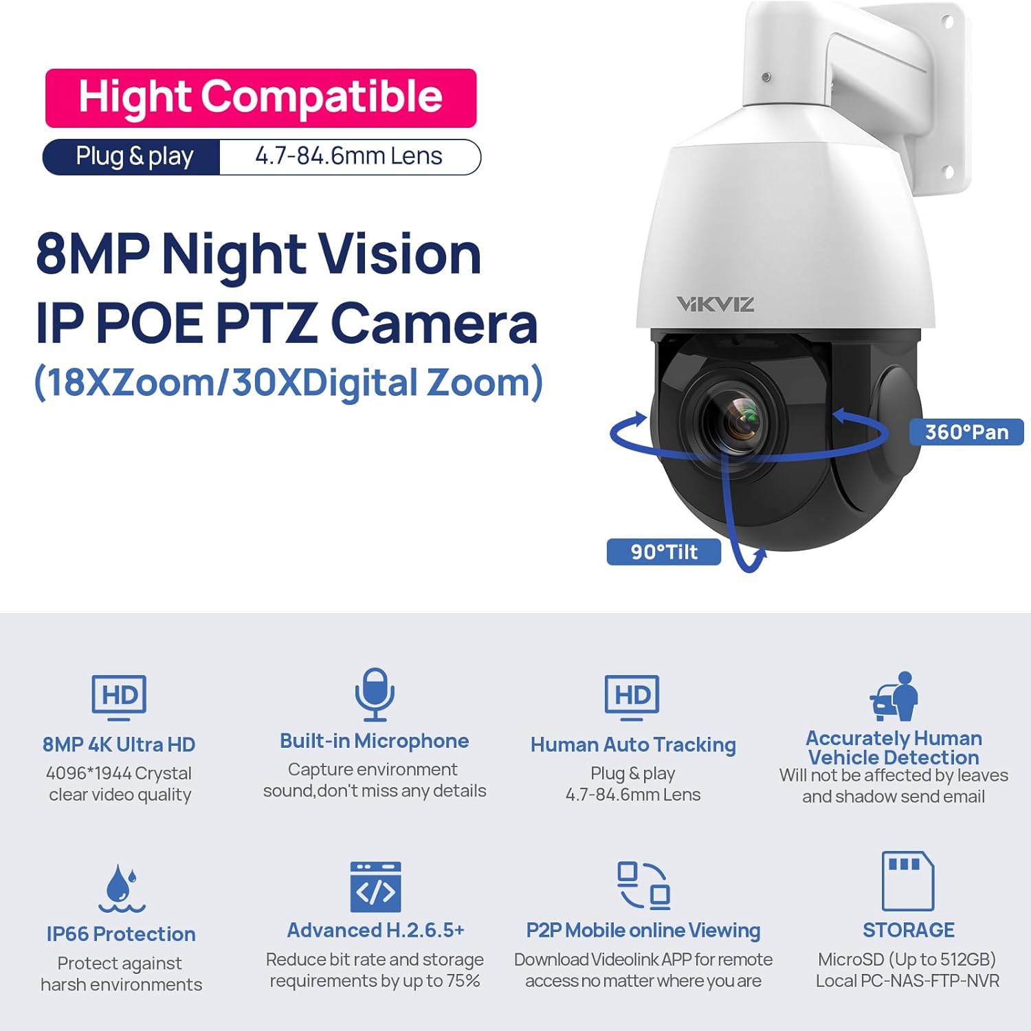 8MP Night Vision IP POE PTZ Camera with Pan and Tilt