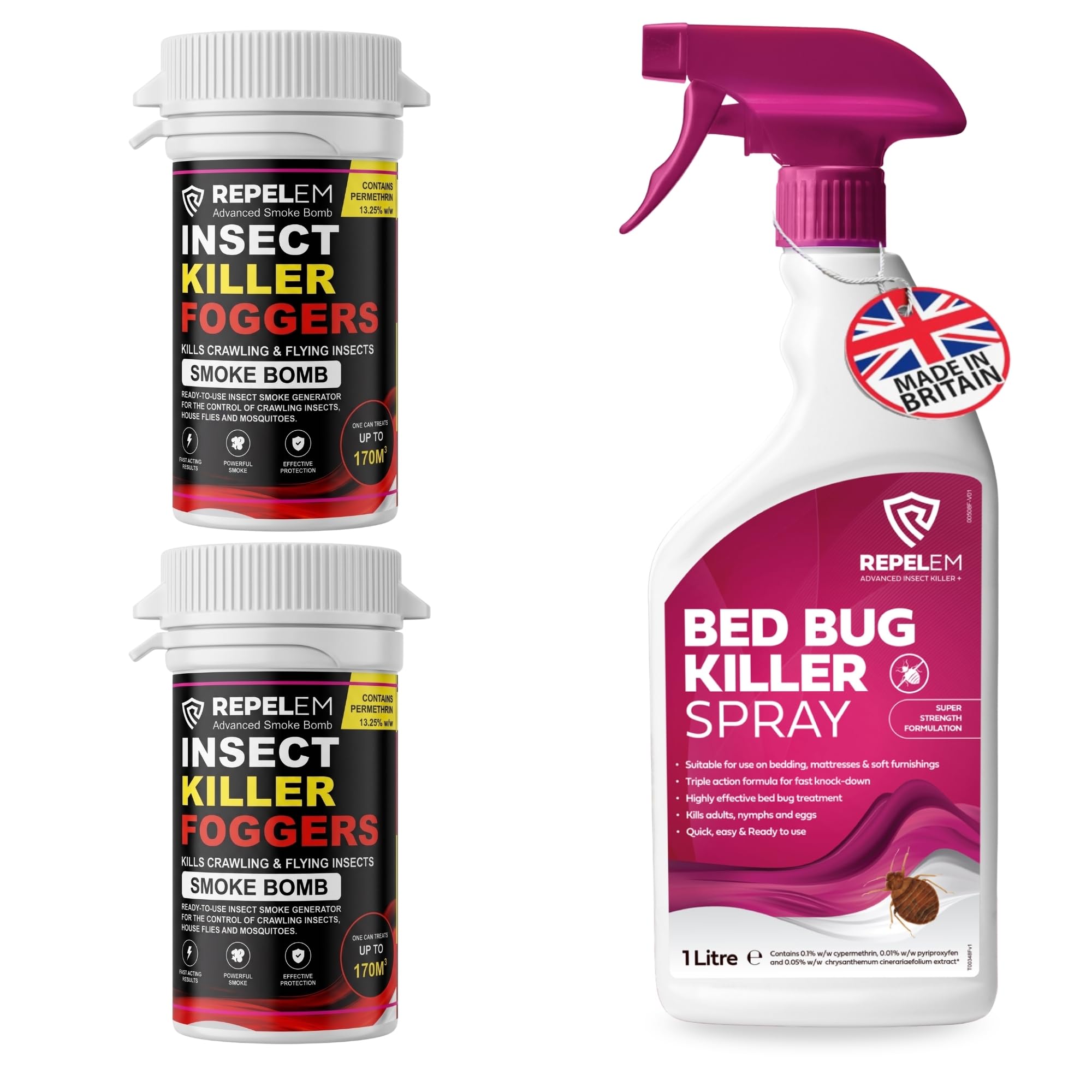 REPELEM Bed Bug Spray for Mattresses - Strong Killer, 1L + 2 Smoke Bombs