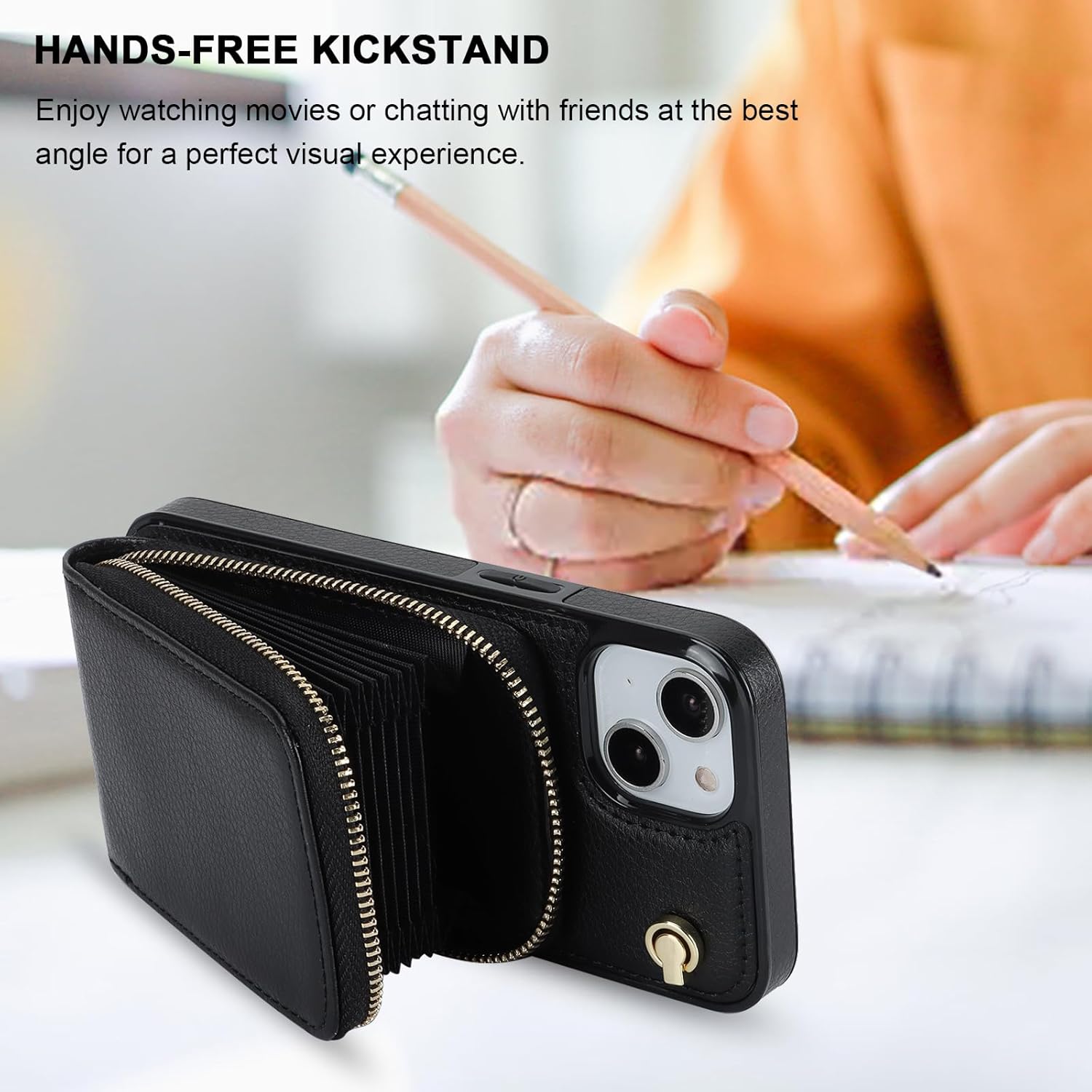 KIHUWEY Crossbody Wallet Case for iPhone 13 iPhone 14, Zipper Pocket Case with Card Holder, PU Leather RFID Blocking Protective Cover Case with Kickstand Detachable Wrist Strap Lanyard 6.1" (Black) - Image 4