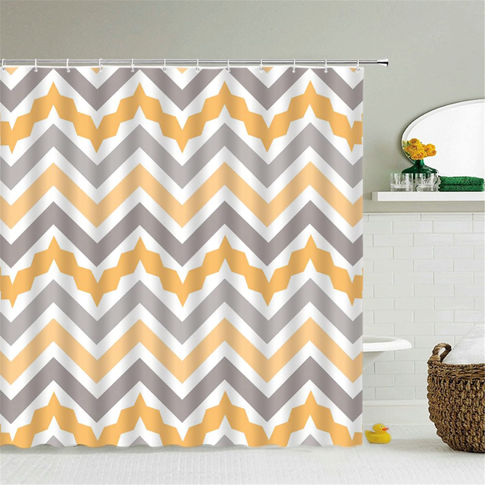 Shower Curtain 180x180cm Waterproof Mould Proof Resistant Polyester Fabric Shower Curtains Washable Bathroom Curtain with 12 Plastic Hooks and Weighted Hem Suitable for Bathtub Decor, Yellow Waves