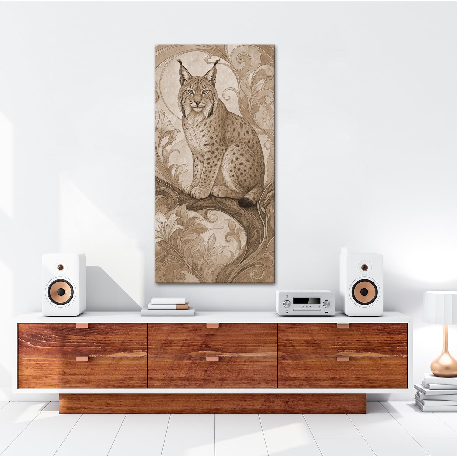 deyoli Obraz na płótnie Luchs siedzący na rozgałęzionej gałęzi 60 x 30 cm Sepia