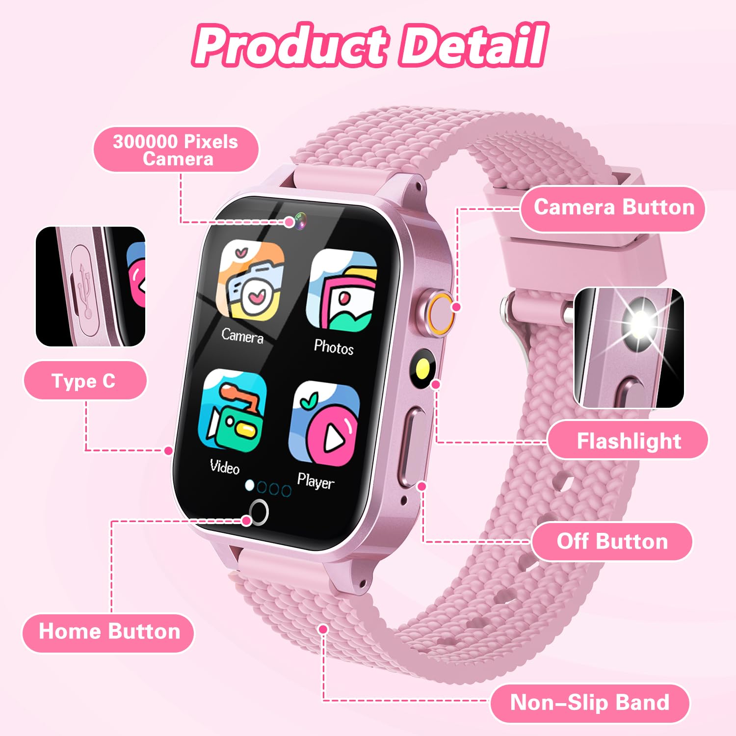 Smart Watch per bambini e ragazze, regalo dai 3 ai 12 anni, 2 pellicole proteggi schermo, 26 giochi di puzzle, fotocamera HD, lettore musicale e video touchscreen, pedometro, giocattolo educativo