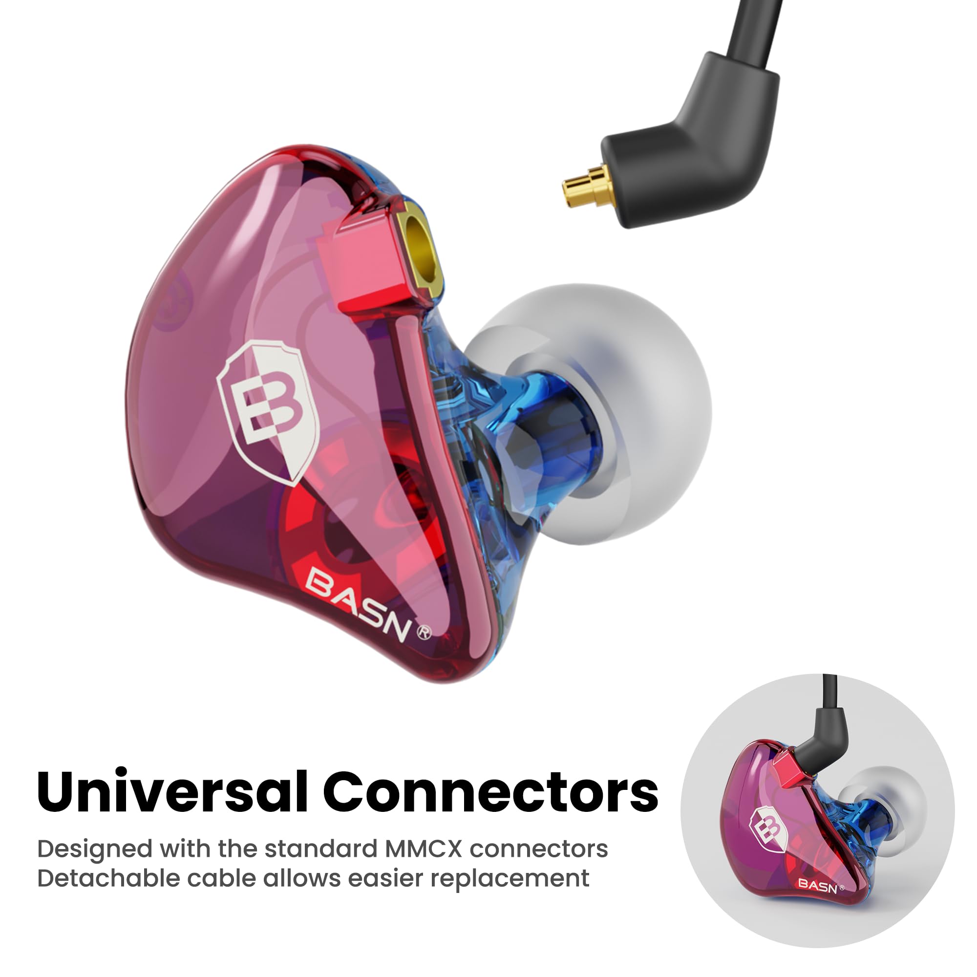 BASN Bsinger In-Ear-Monitore Geräuschisolierende Kopfhörer, Dual-dynamische Treiber High Definition Kabelgebundene Ohrhörer mit abnehmbarem MMCX-Kabel für Musiker Schlagzeuger Sänger (Blau&Lila)