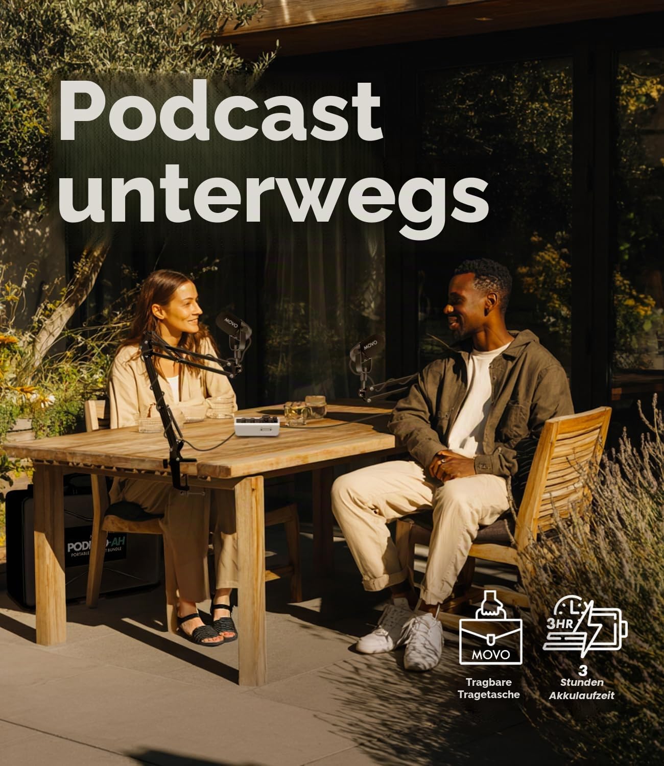Movo Tragbares Podcast-Ausrüstungspaket für iPhone/Android-Telefone, Podcast-Kit mit Audio-Schnittstelle, 2 CastMic dynamische Mikrofone, 2 Kopfhörer, 2 Galgenarme – für Smartphones, Computer, PC und