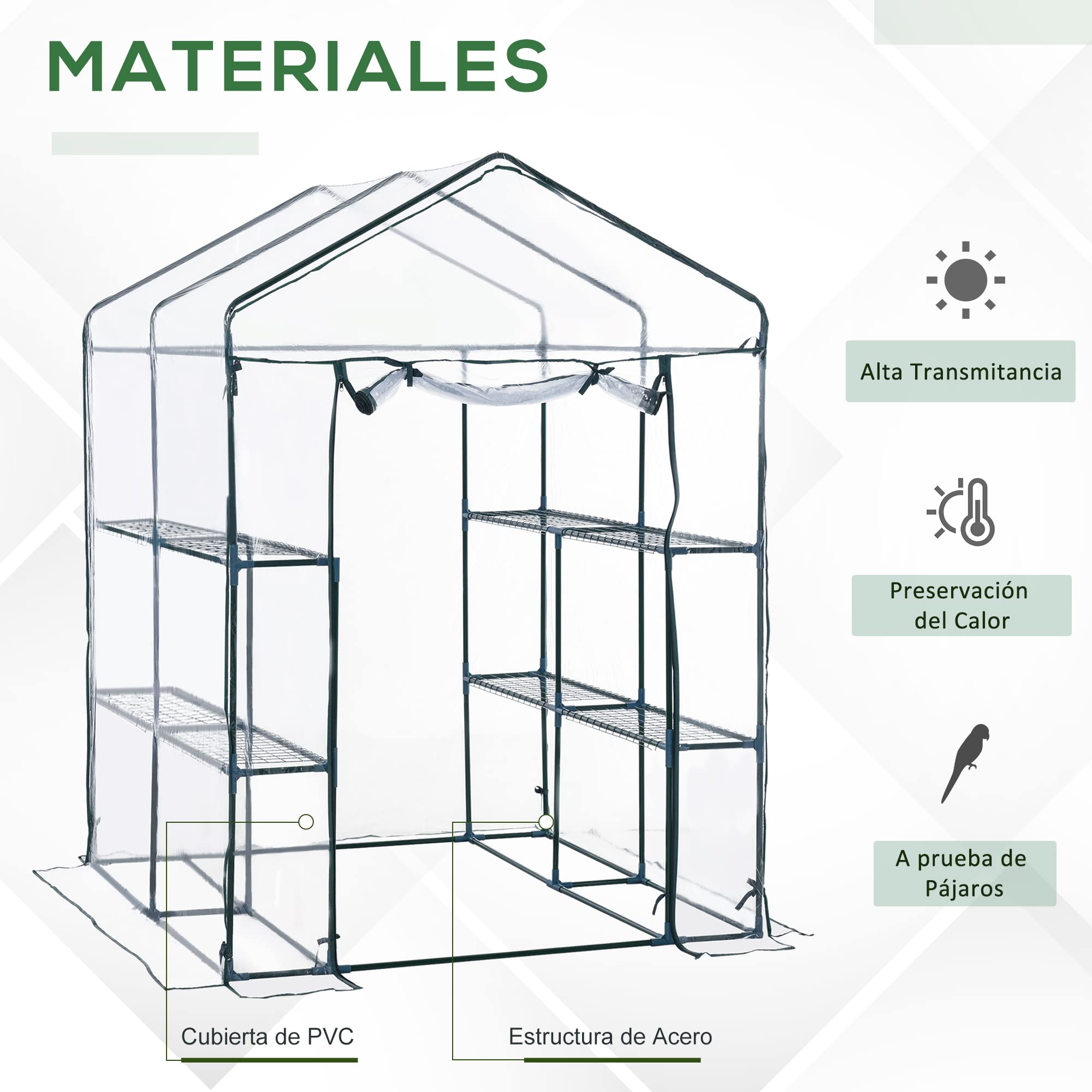 Outsunny Invernadero de Exterior de 3 Niveles con Estantes 143x143x195 cm | Marco de Acero con Cubierta de Pvc para Cultivo de Plantas, Flores y Verduras, Translúcido y Verde