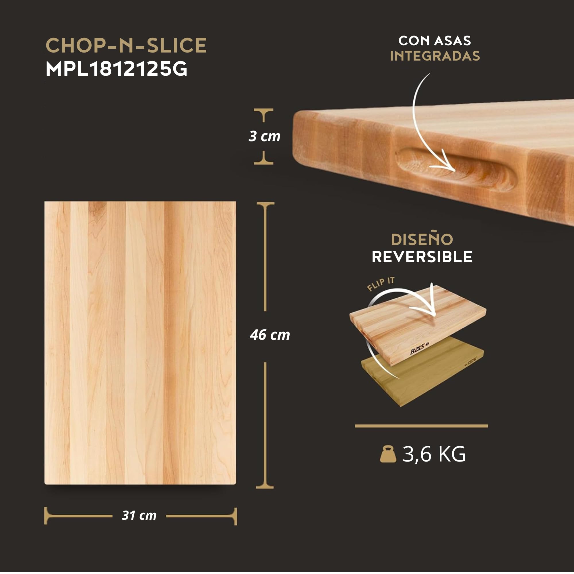 Boos Block Tabla Cortar Cocina - Tabla de Servir - 45,7 x 30,5 x 3,2 cm | Madera dura de arce duro de América del Norte - Reversible