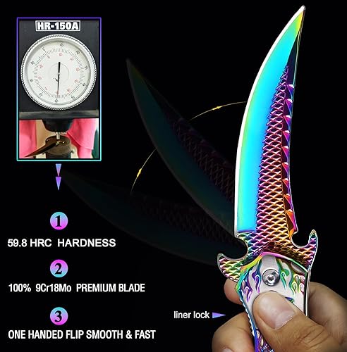 Miniatura 4 de Cuchillo de bolsillo, 9Cr18Mo BLADE Cuchillo plegable de bolsillo con funda, genial cuchillo EDC de dragón 3D, gran cuchillo de bolsillo de regalo