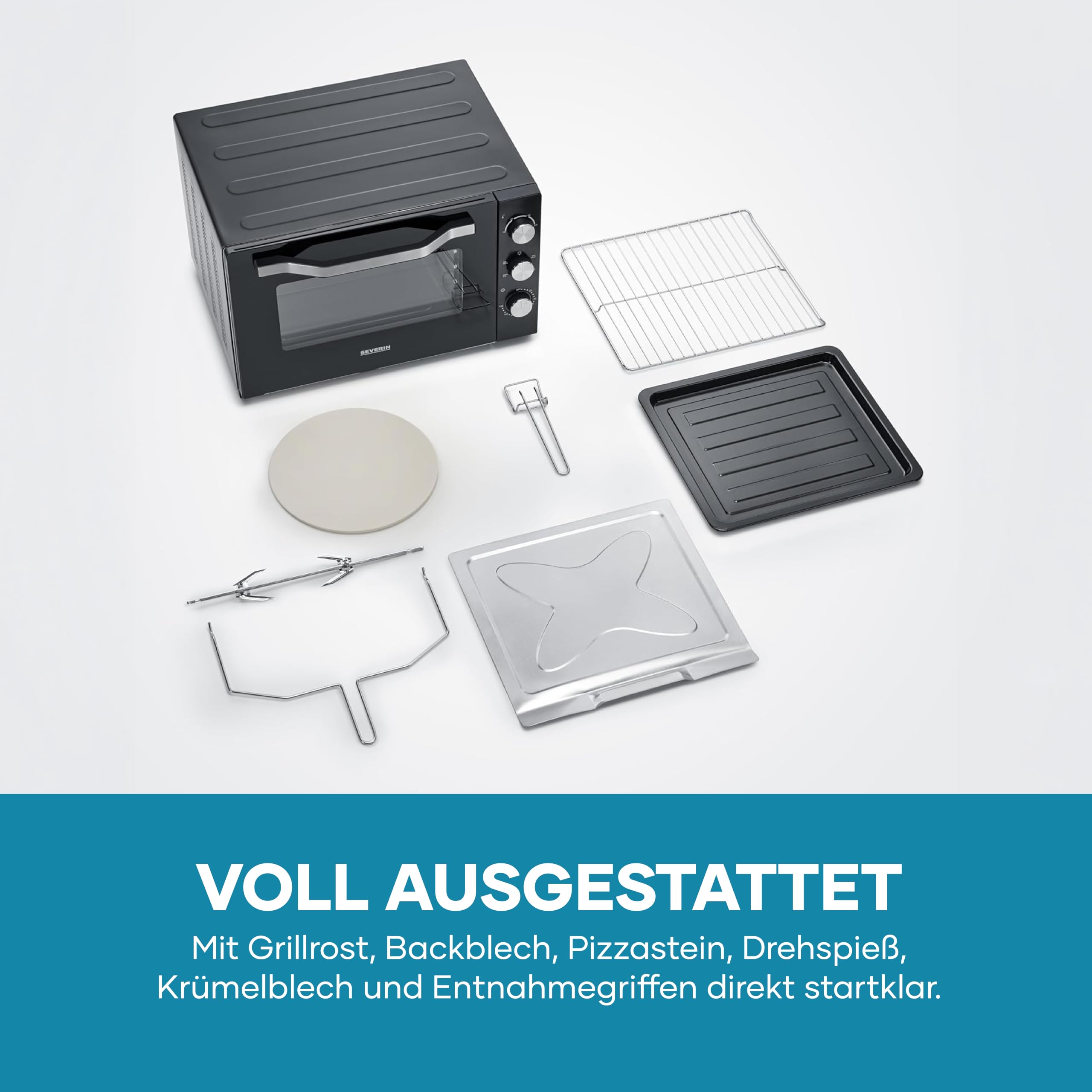 SEVERIN XXL Back- und Toastofen mit Umluftfunktion, inklusive Grillrost, Backblech, Drehspieß und Pizzastein, vielseitiger Heißluftofen mit 60 L Kapazität, 2.200 W, schwarz, TO 2073
