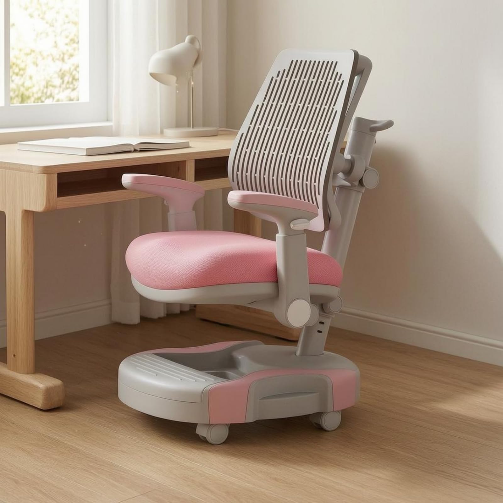 Chaise Bureau Enfant Assise Rembourrée Chaise Enfant à roulettes Base Roulante Mobilier Scolaire, Rose