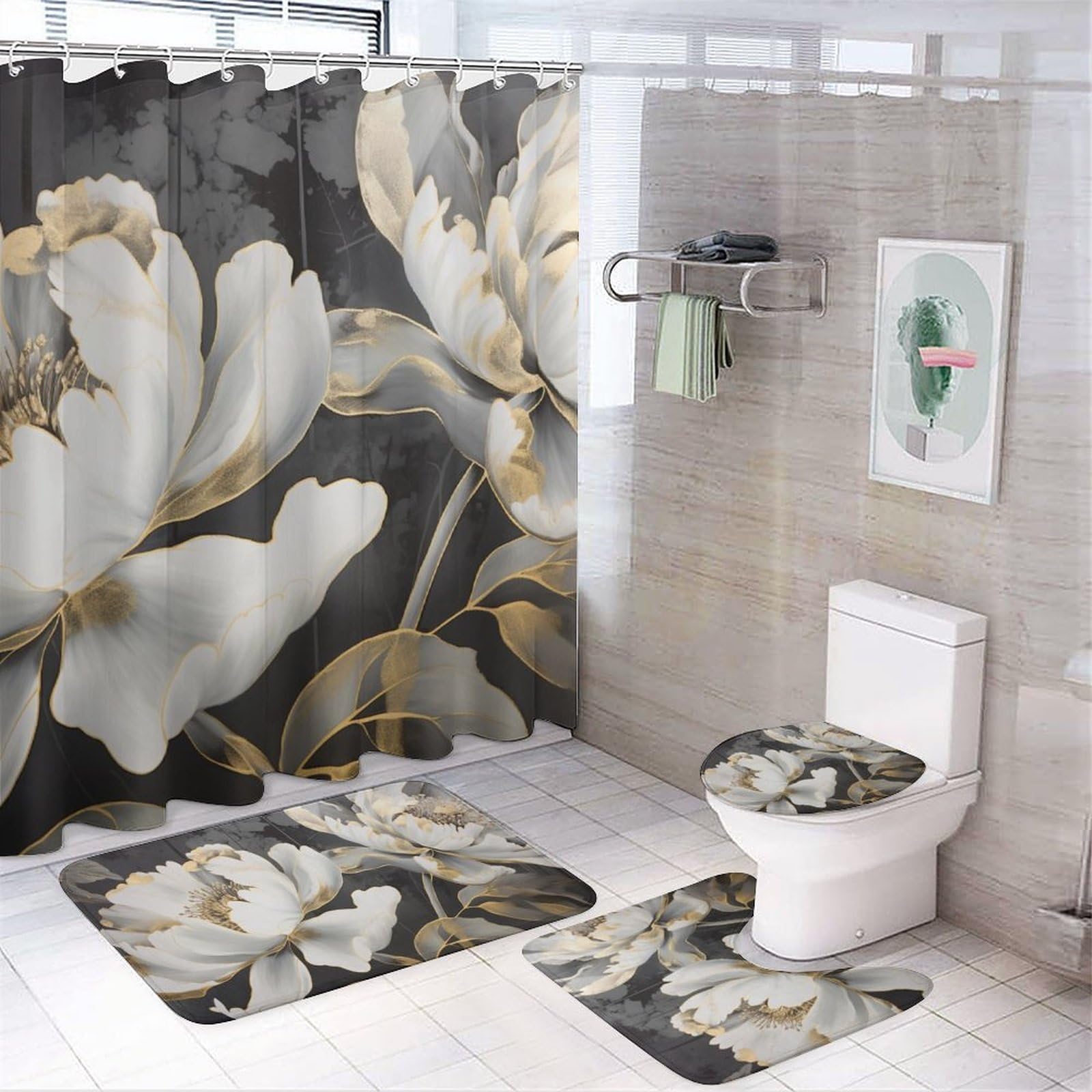 4Pcs Beautiful Modern Flowers Shower Curtain Sets, White Elegant Floral Vintage Bathroom Set with Shower Curtain, Toilet Lid Rug, Non-Slip Rugs and