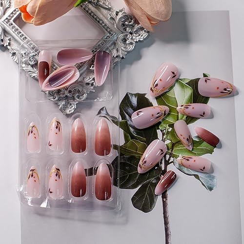 Miniatura 3 de Uñas postizas medianas a presión de otoño, uñas postizas de almendra, punta francesa rosa con degradado marrón, hojas de arce de otoño, línea de