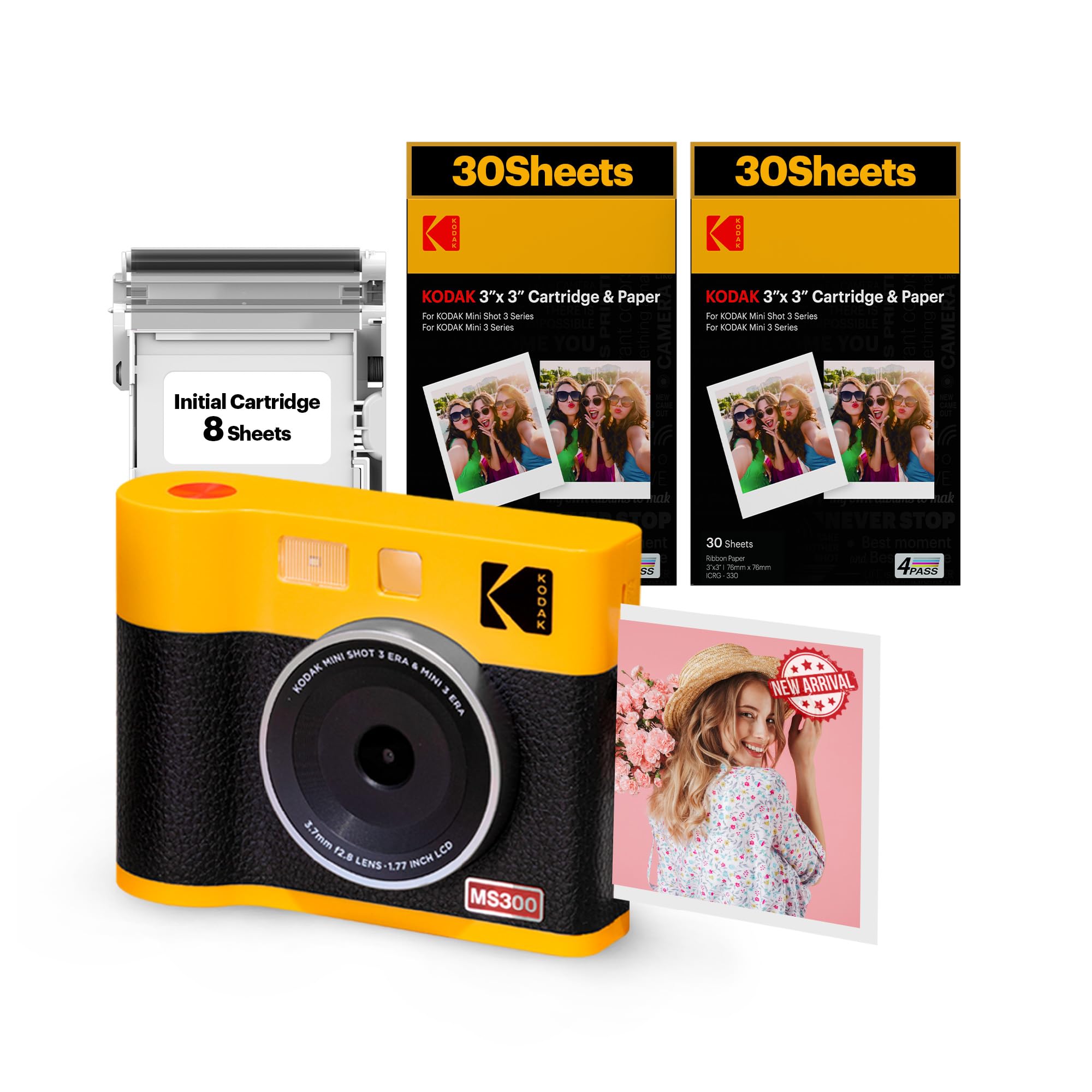 Mini Shot 3 ERA 4PASS 2-in-1 Instant Camera and Photo Printer (3x3 inches), Initial 8 Sheets + 30 Sheet Pack Bundle, Yellow