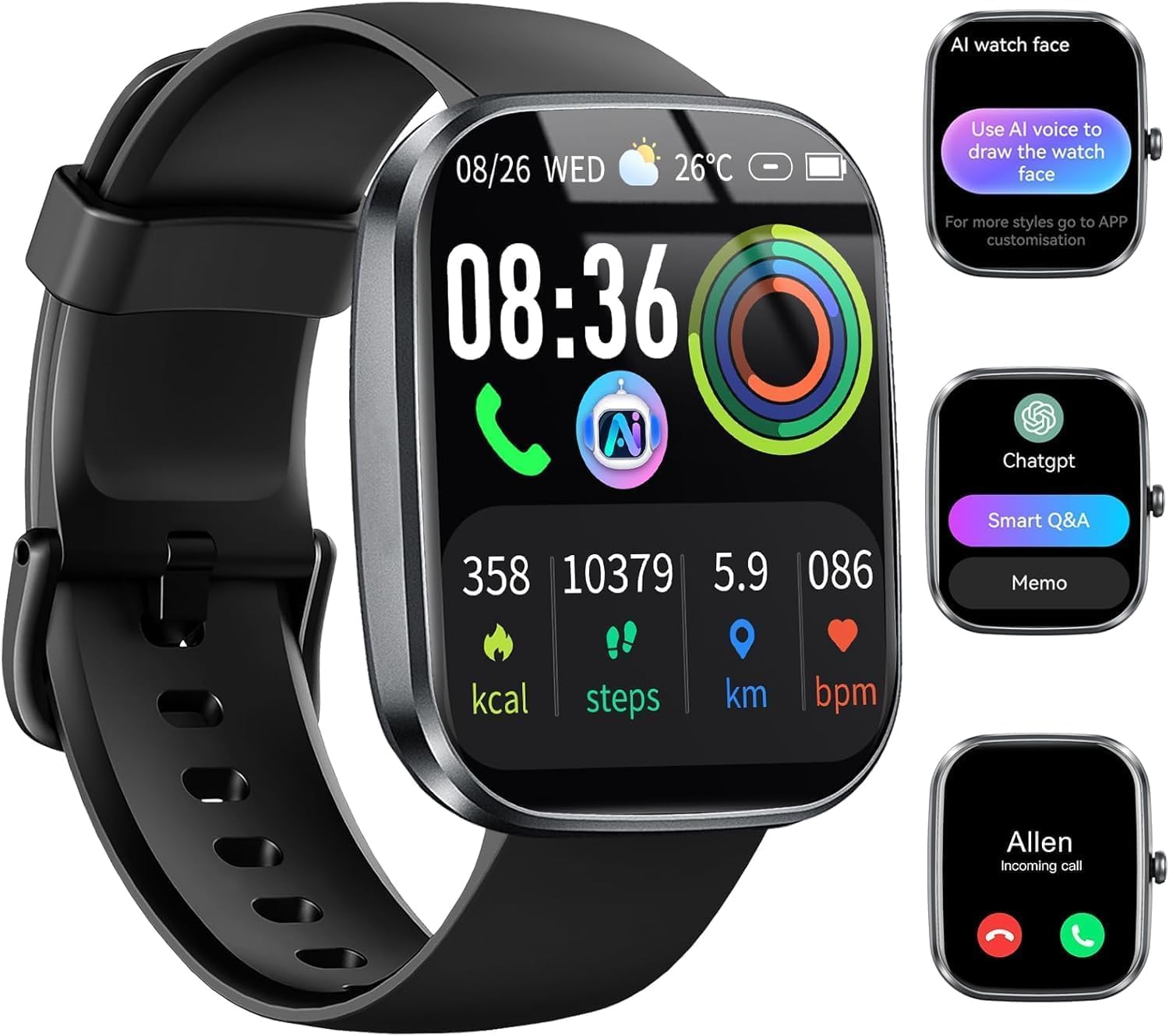 uaue AI Smart Watch with ChatGPT, 1.91″ Bluetooth Calling Smartwatch for Men Women, 110+ Fitness Modes Activity Tracker, Sleep/Heart Rate/Calorie Monitor, IP68 Waterproof Step Counter for Android iOS