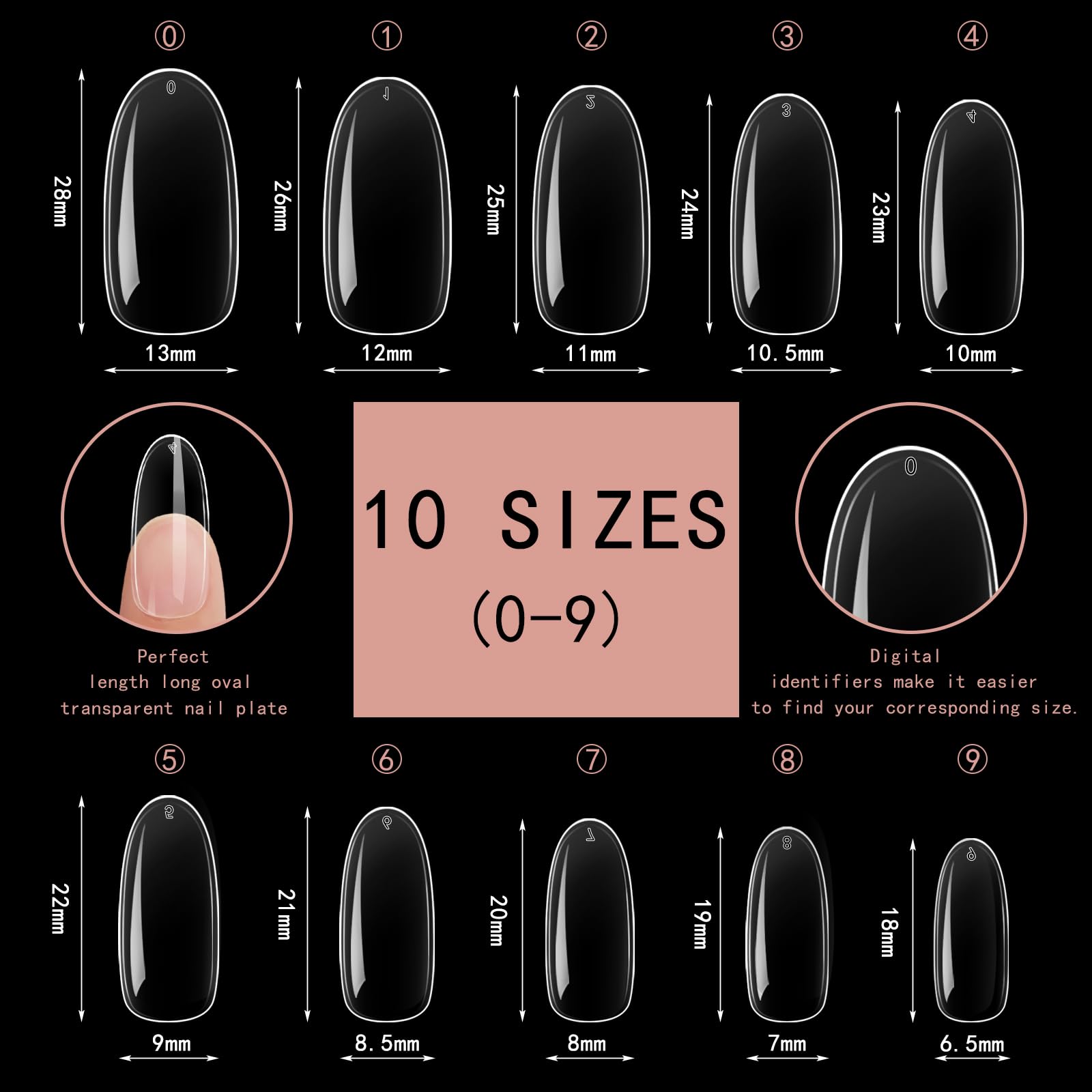 100pcs Clear Long Oval Nails, 10 Sizes Full Cover Fake Nails Set, Suitable for Nail Extensions and DIY Manicures, Acrylic Nails