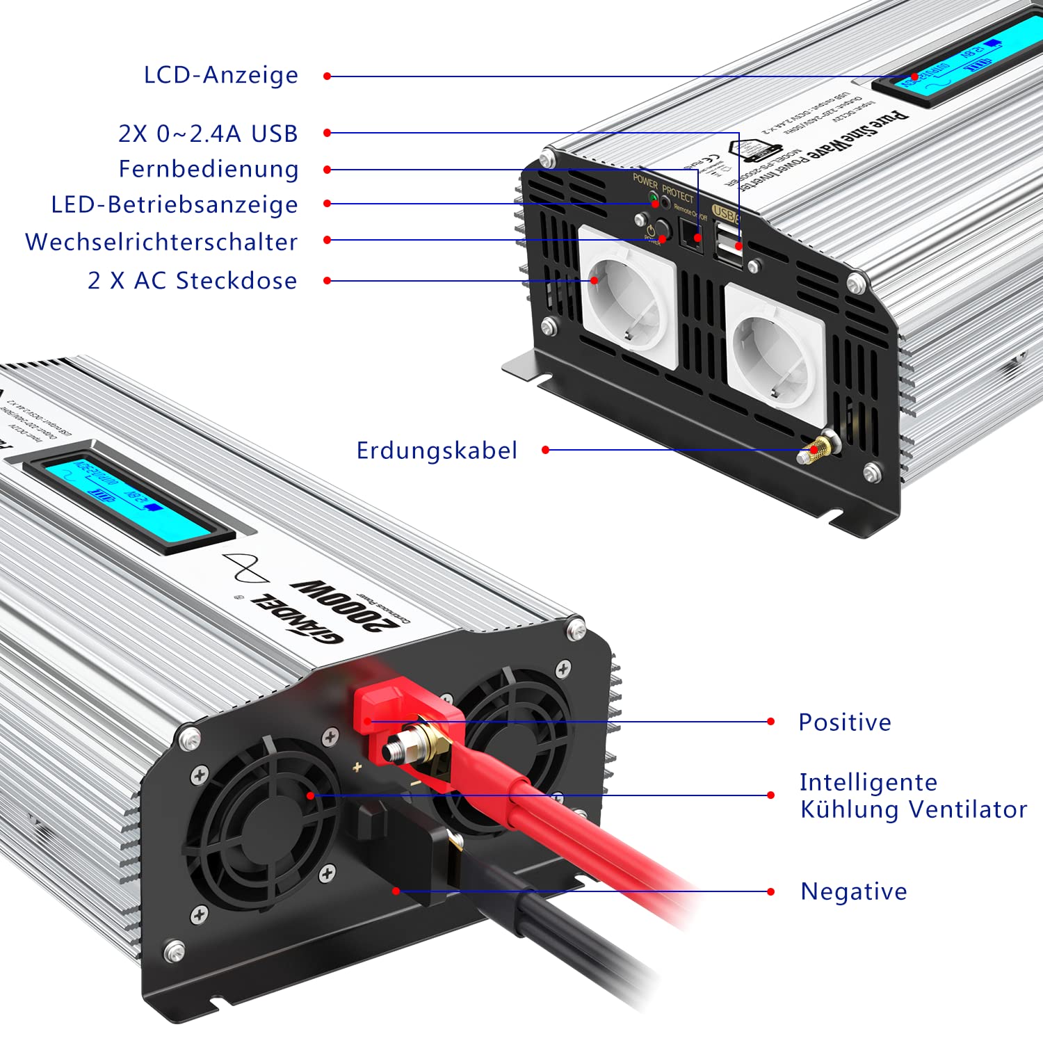 GIANDEL 2000 W czysty falownik sinusoidalny DC 12 V na AC 230 V, kompatybilny z baterią LiFePO4, inwerter mocy z 2 x 2,4 A USB i pilotem zdalnego sterowania i wyświetlaczem LCD do samochodów