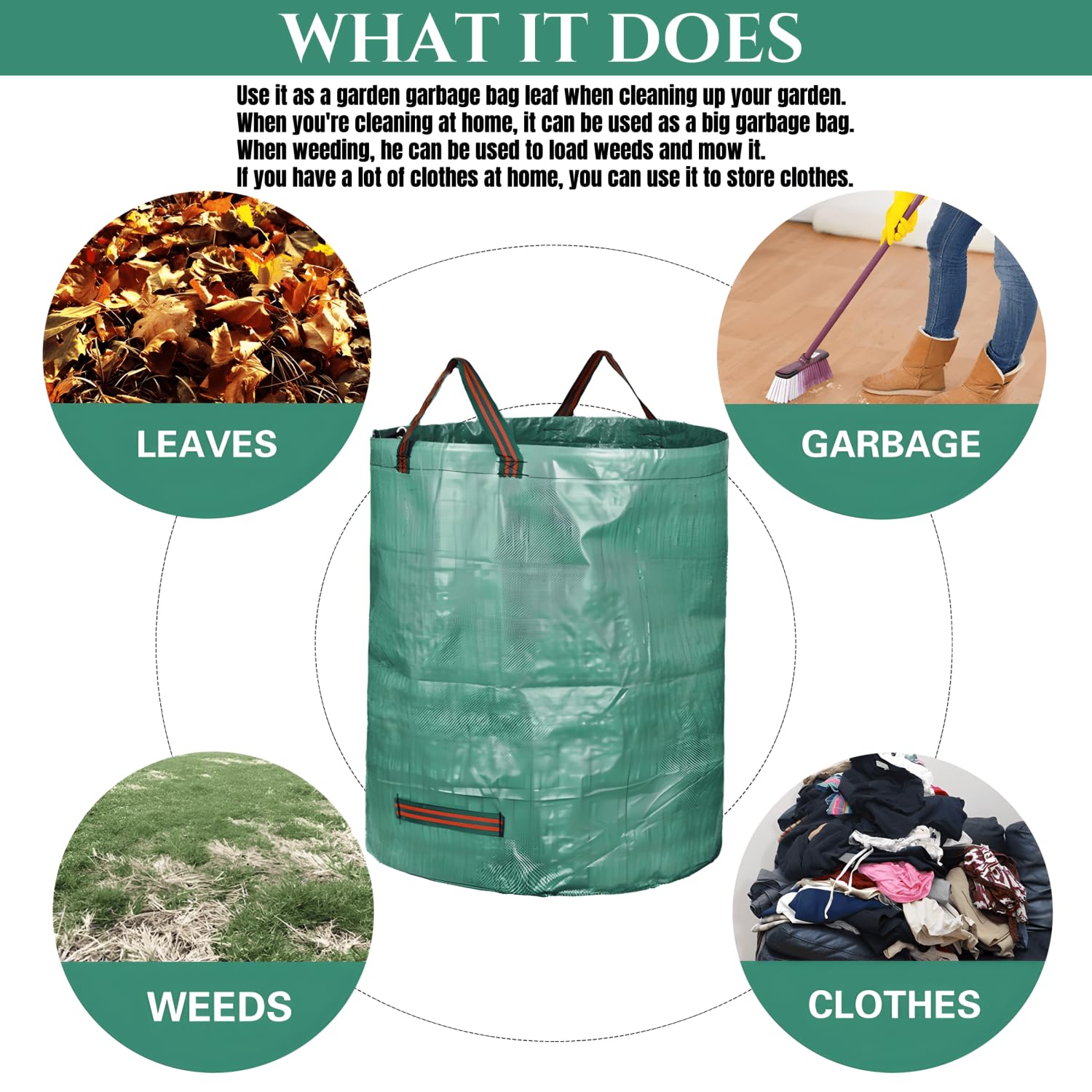 3 x 500L sacs de jardin, sacs à déchets de jardin gants inclus, 4 poignées, autonome, imperméable, sac à feuilles durable et résistant à la corrosion, adapté aux déchets de jardin (3x500L)