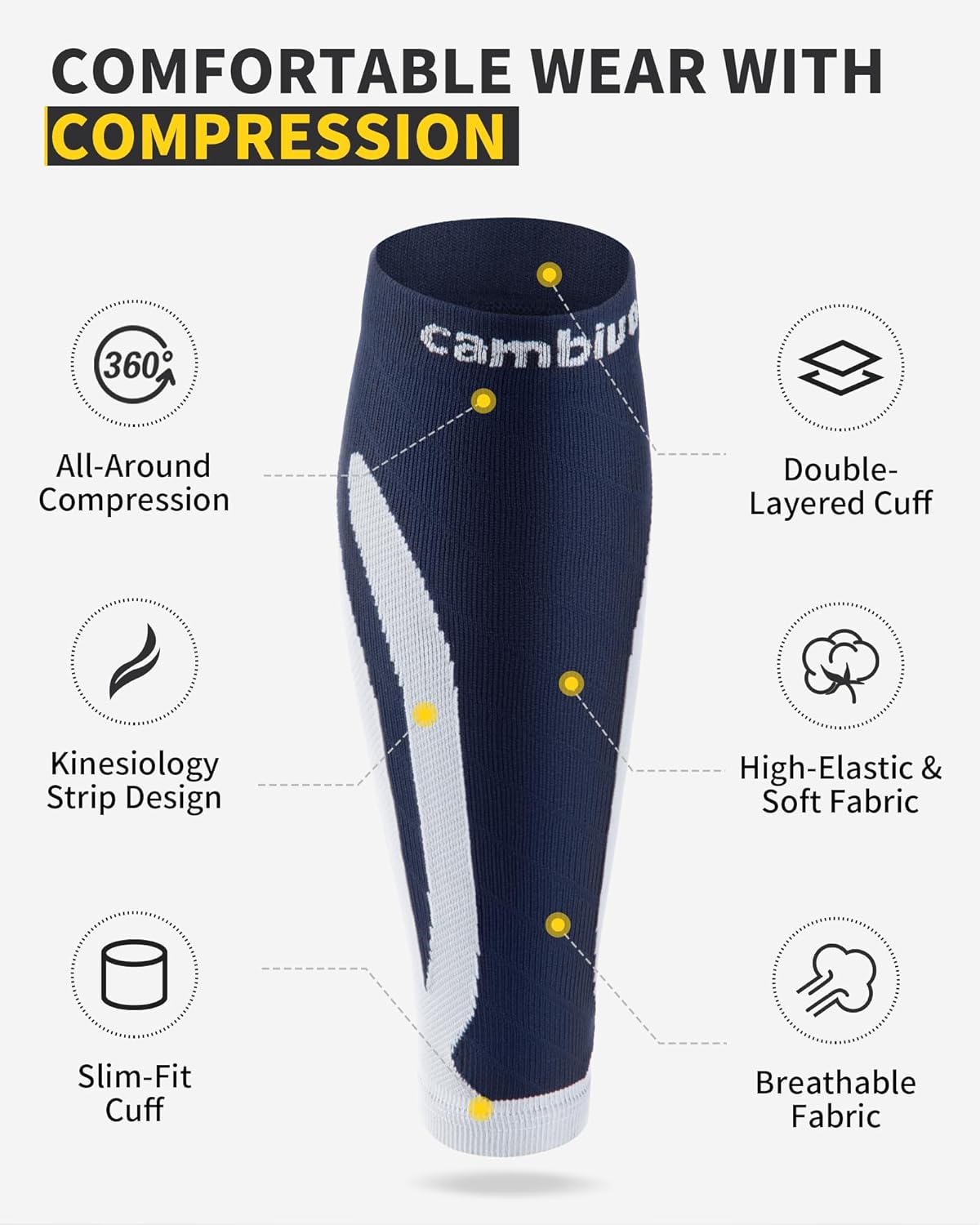 CAMBIVO 3-Pair Calf Compression Sleeves for Men & Women – Footless Socks for Shin Splints & Leg Pain Relief, 1 Pair Available - Image 6